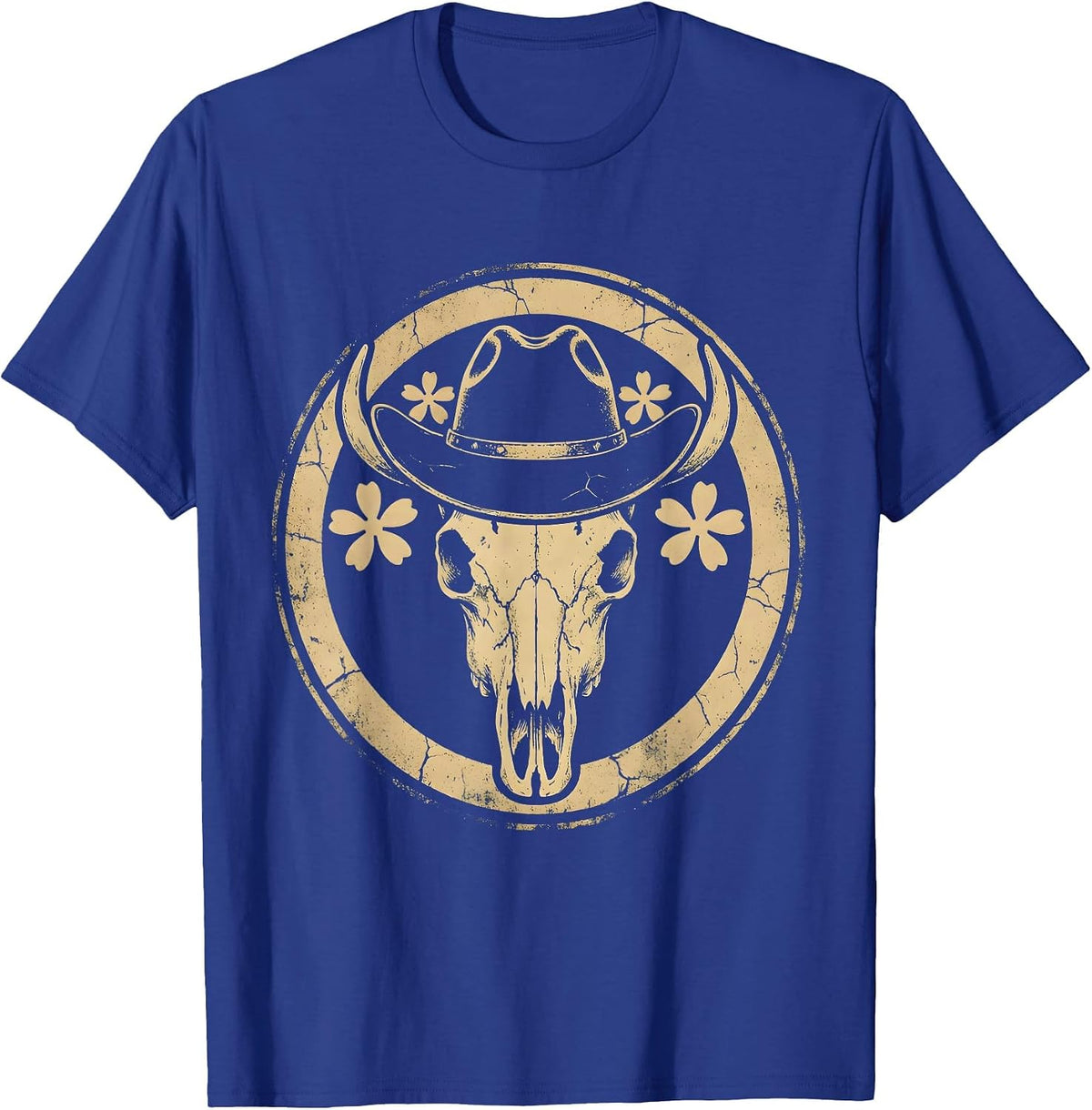 Men's Floral Skull Cowboy Hat Western Boho Design T-Shirt - Royal Blue