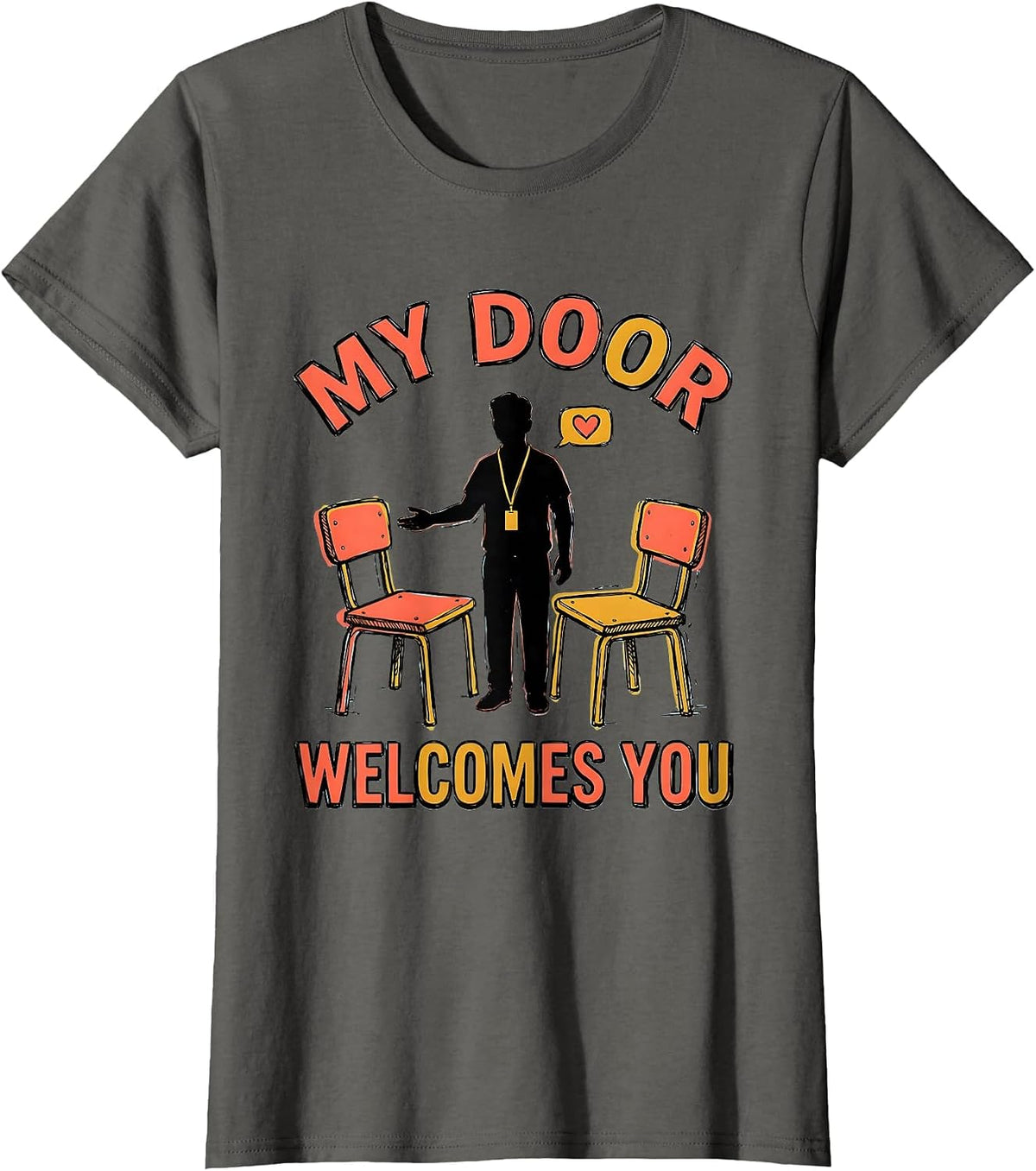 Women's My Door Welcomes You Groovy Retro School Counselor T-Shirt - Asphalt Grey