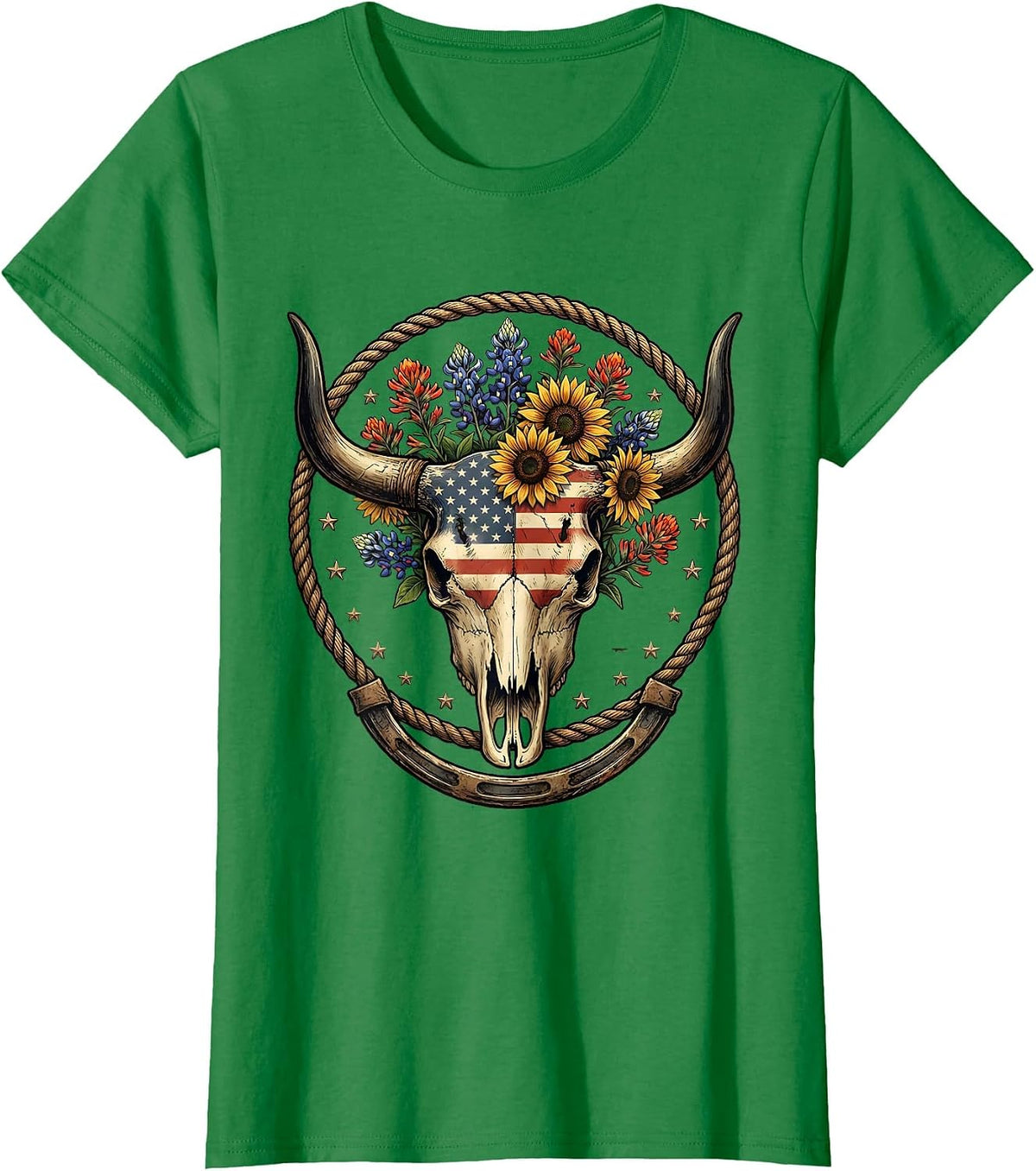 Women's Bull Skull Wildflowers Western Boho Floral Illustration T-Shirt - Kelly Green