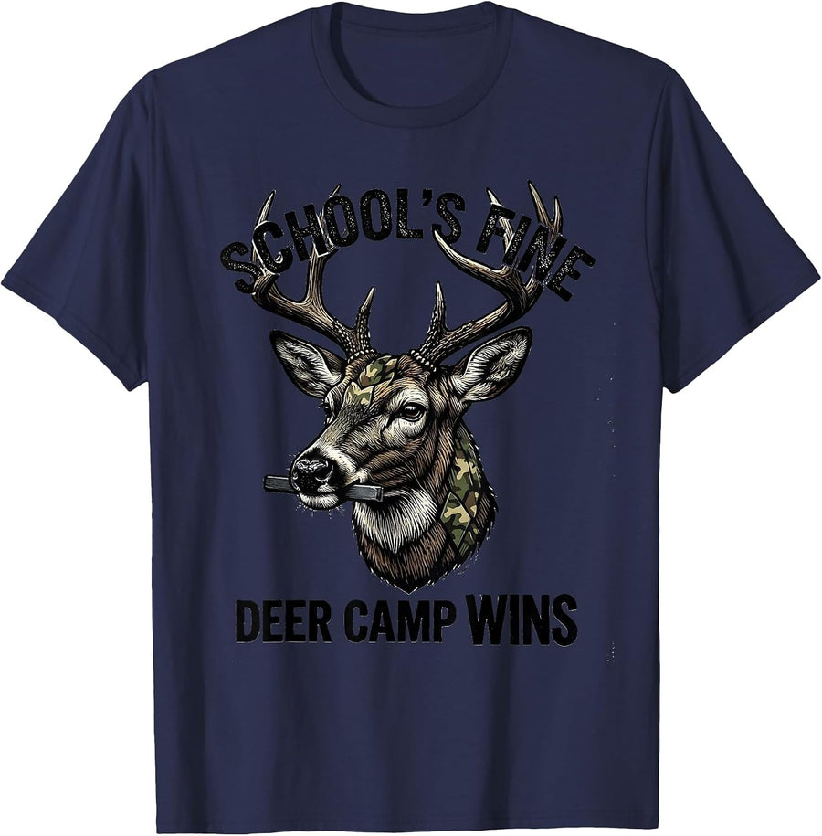 School's Fine, Deer Camp Wins Funny Hunting Youth Camo T-Shirt - Navy Blue