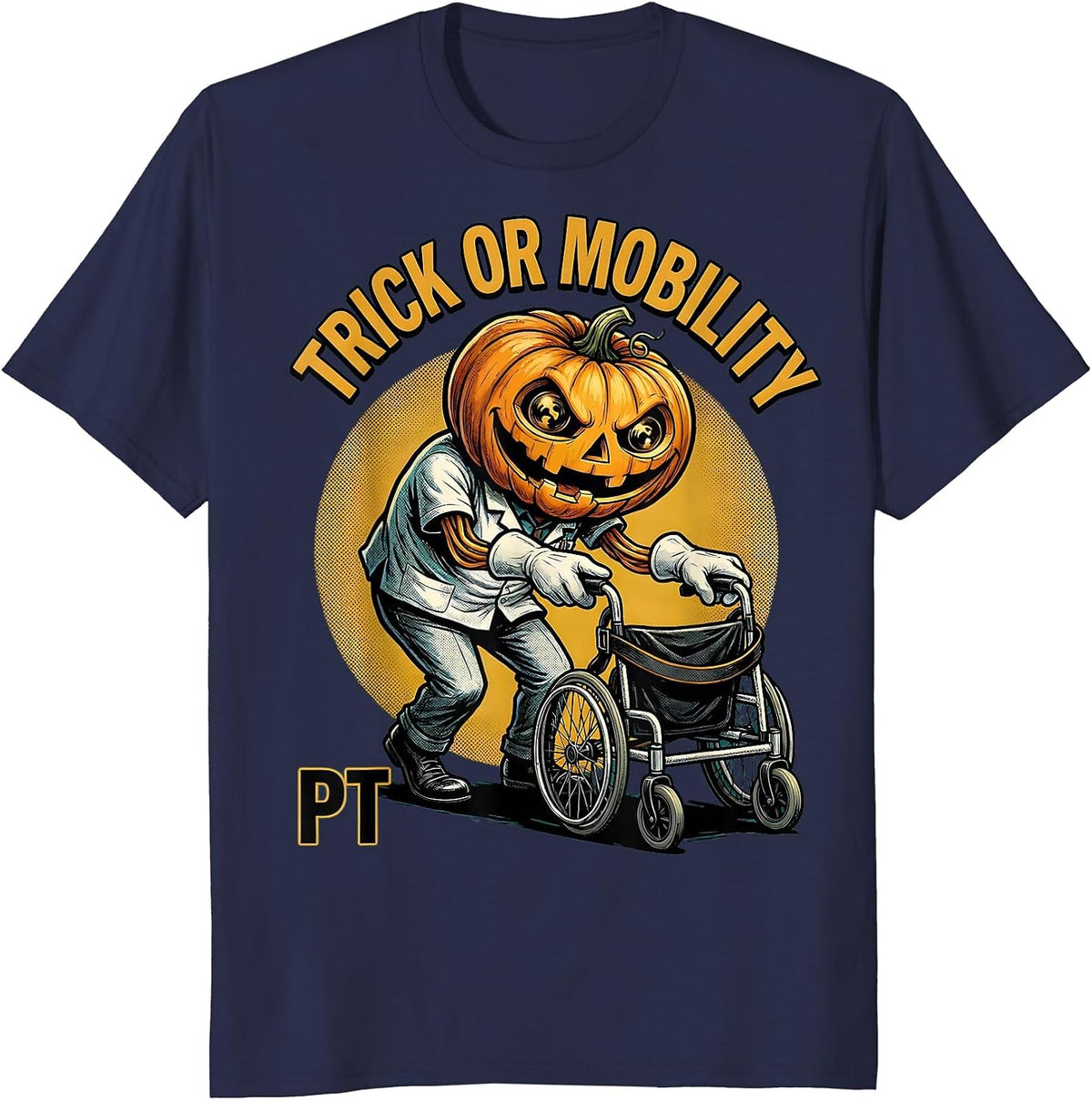 Trick Or Mobility PT Retro Cartoon Physical Therapy T-Shirt - Navy Blue