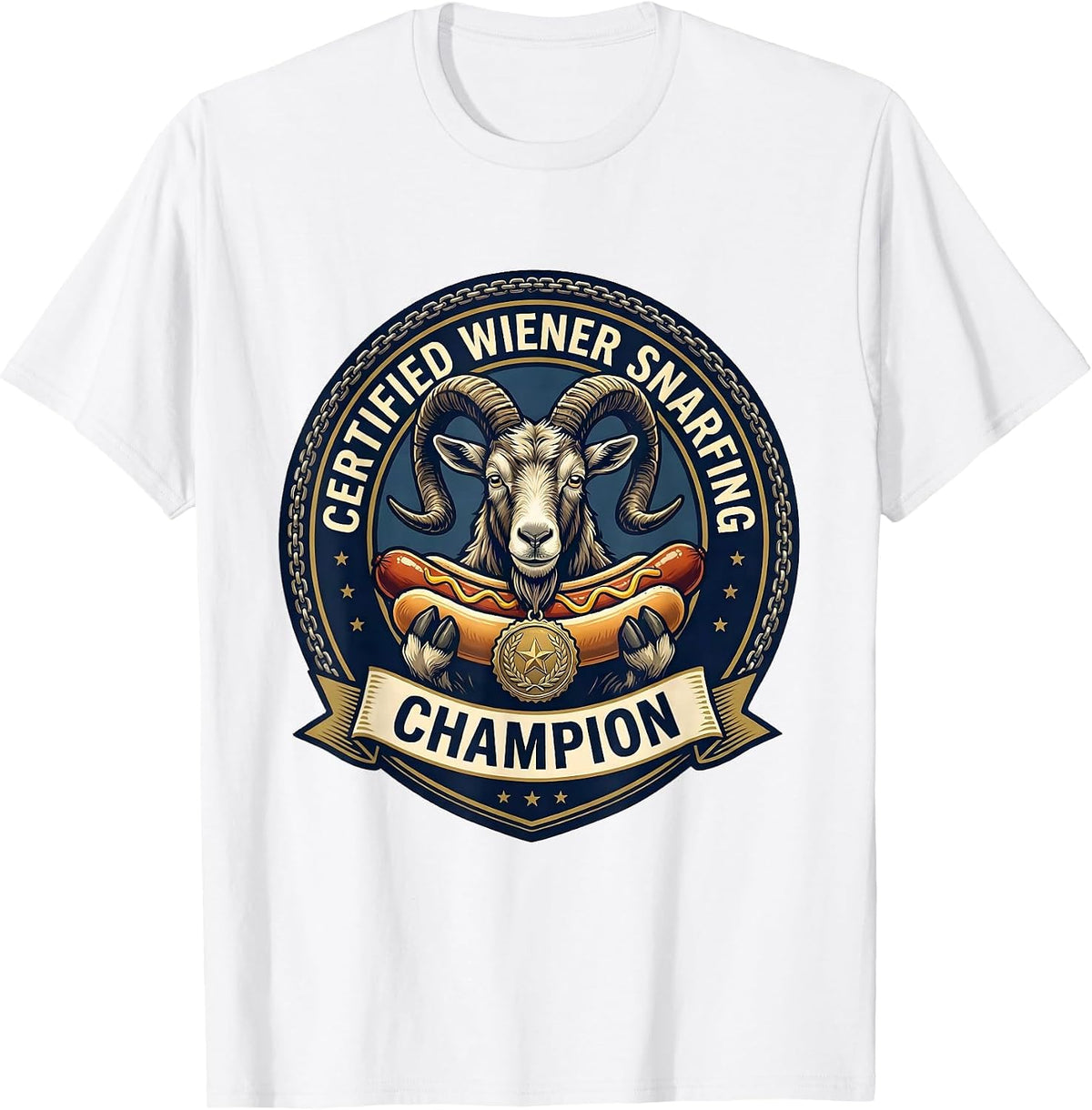 Men's Certified Wiener Snarfing Champion Funny Goat Offensive T-Shirt - White