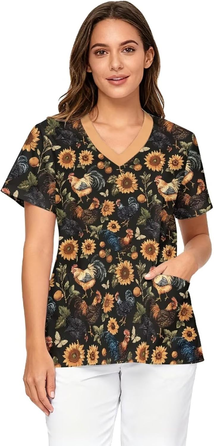 Scrub Tops Women Short Sleeve V-Neck Holiday Printed Medical Nurse Uniforms Scrub Tops Shirt with Pockets - Native American