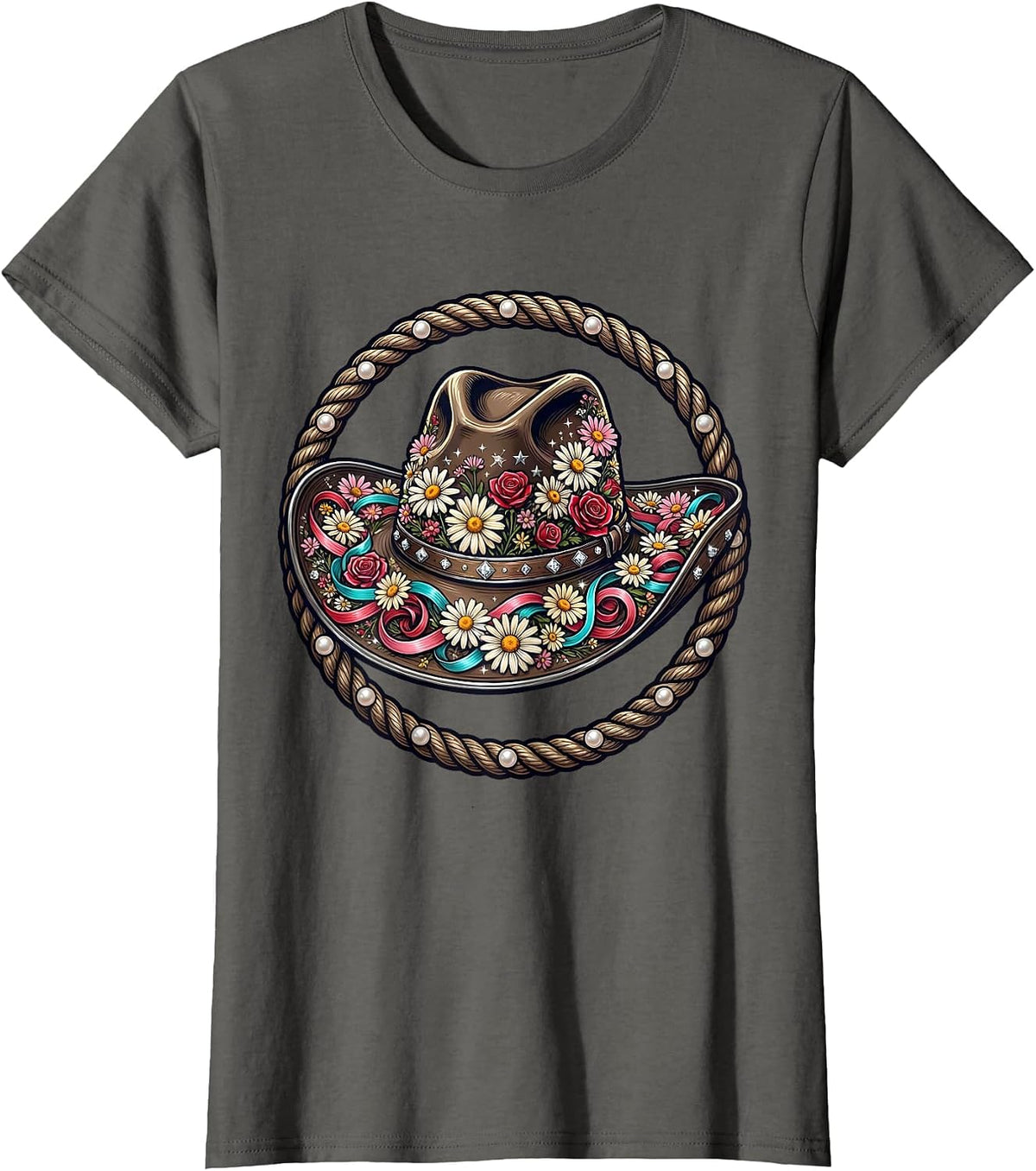 Women's Wildflower Cowgirl Hat Western Graphic T-Shirt - Asphalt Grey