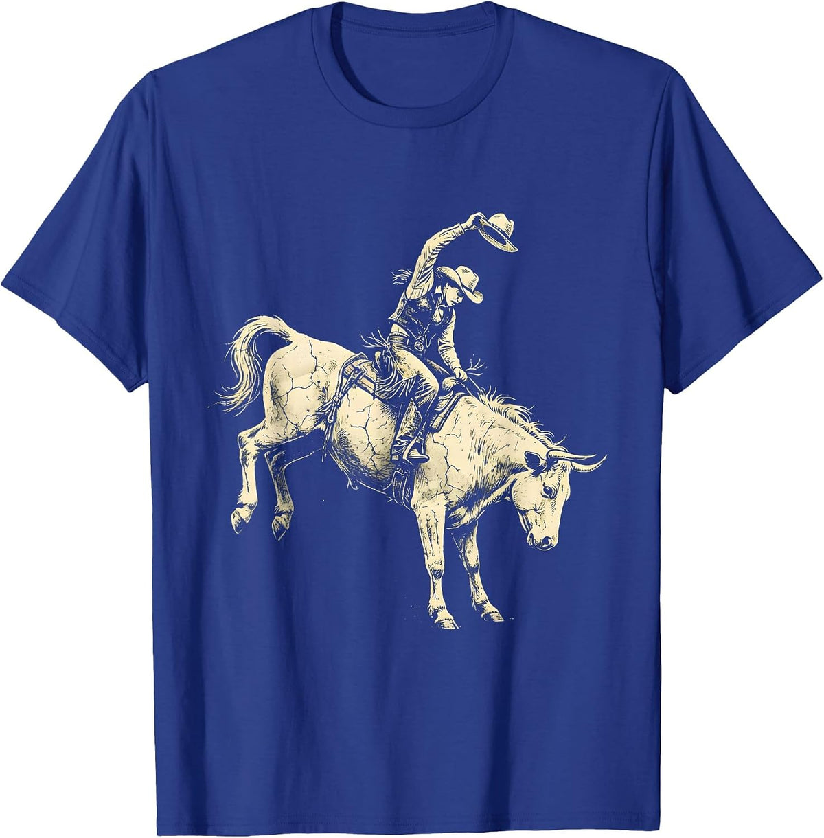 White Cowgirl Riding Bucking Bronco Rodeo Art T-Shirt - Royal Blue