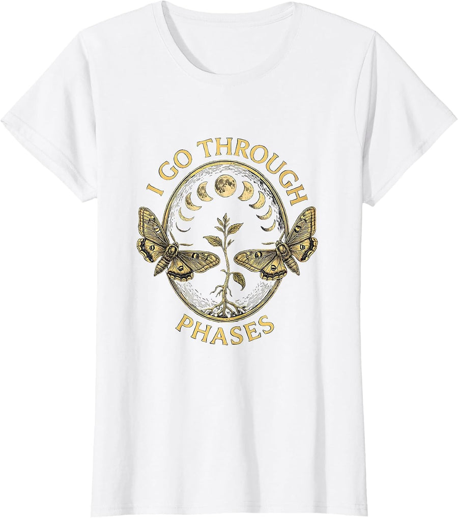 Women's I Go Through Phases Mystic Celestial Moon Phase Botanical T-Shirt - White