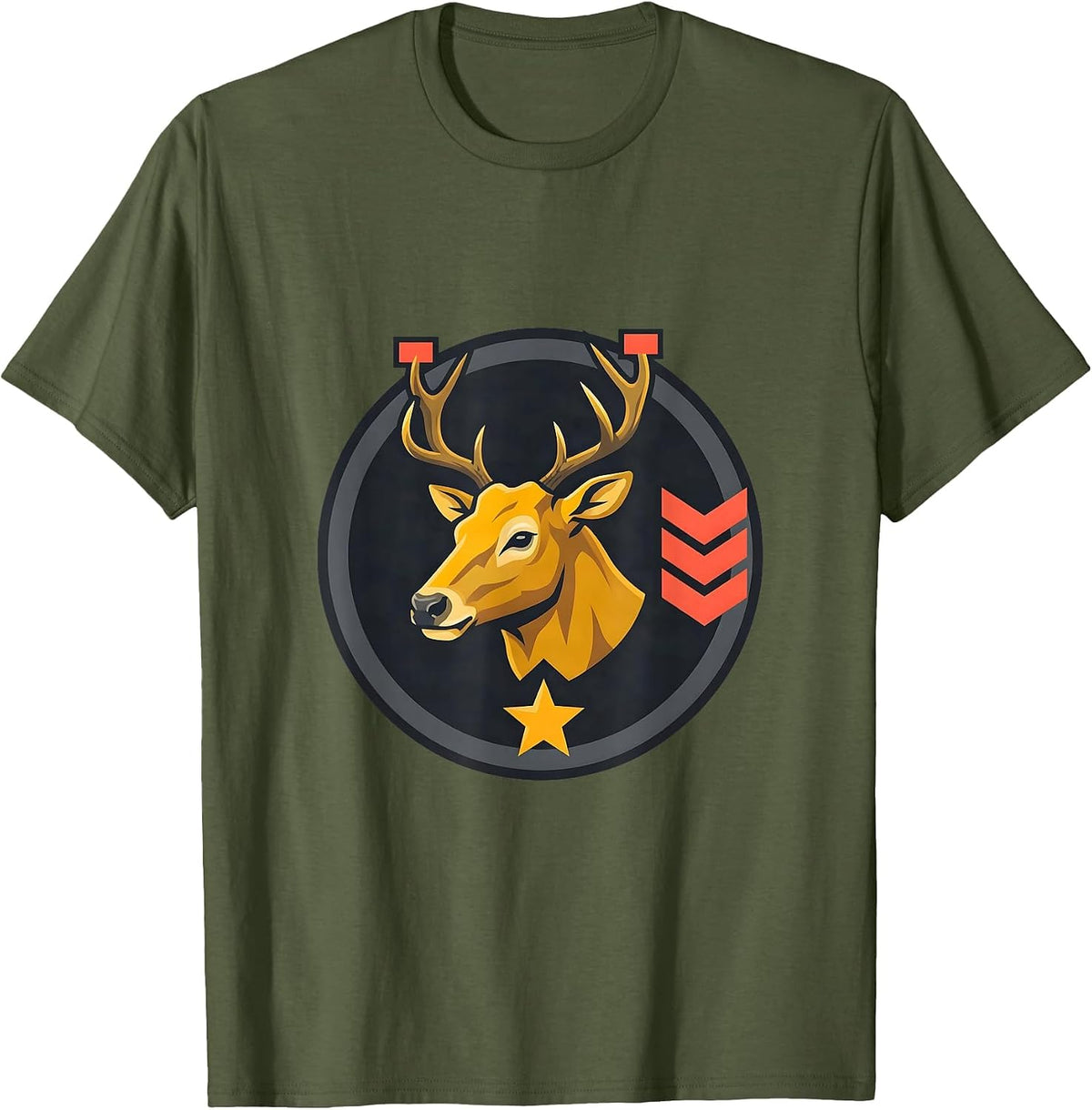 Buck Head Badge Flat Vector Deer Hunter Dad Humor T-Shirt - Olive Green