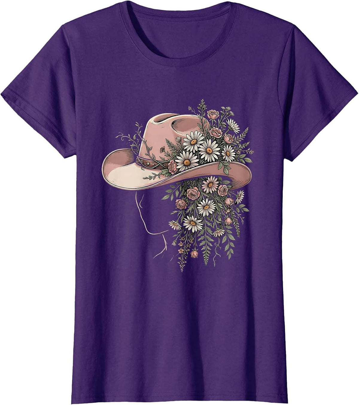 Women's Wildflower Cowboy Hat Western Boho Illustration T-Shirt - Purple