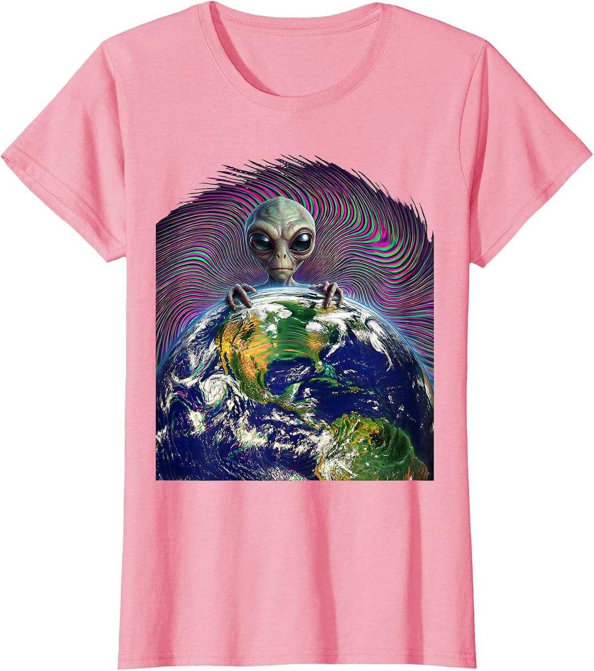 Women's Tiny Alien Peeking Over Earth's Horizon T-Shirt - Pink