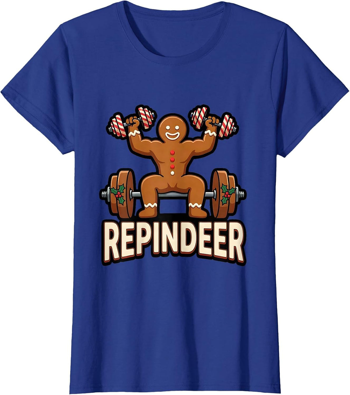 Women's Repindeer Funny Gingerbread Gym Weightlifting Christmas T-Shirt - Royal Blue