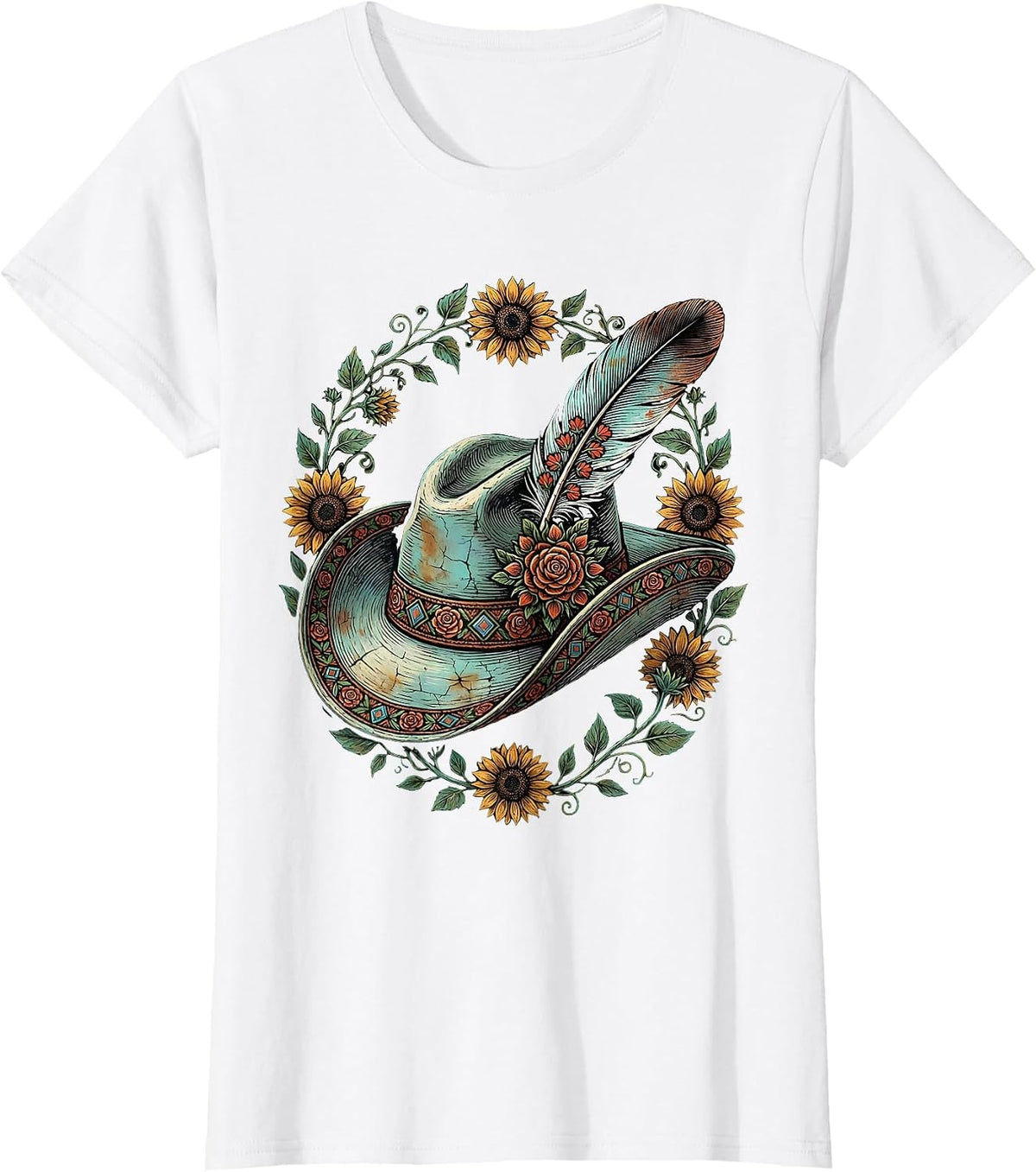 Cowgirl Hat Feather Turquoise Western Boho Design T-Shirt - White