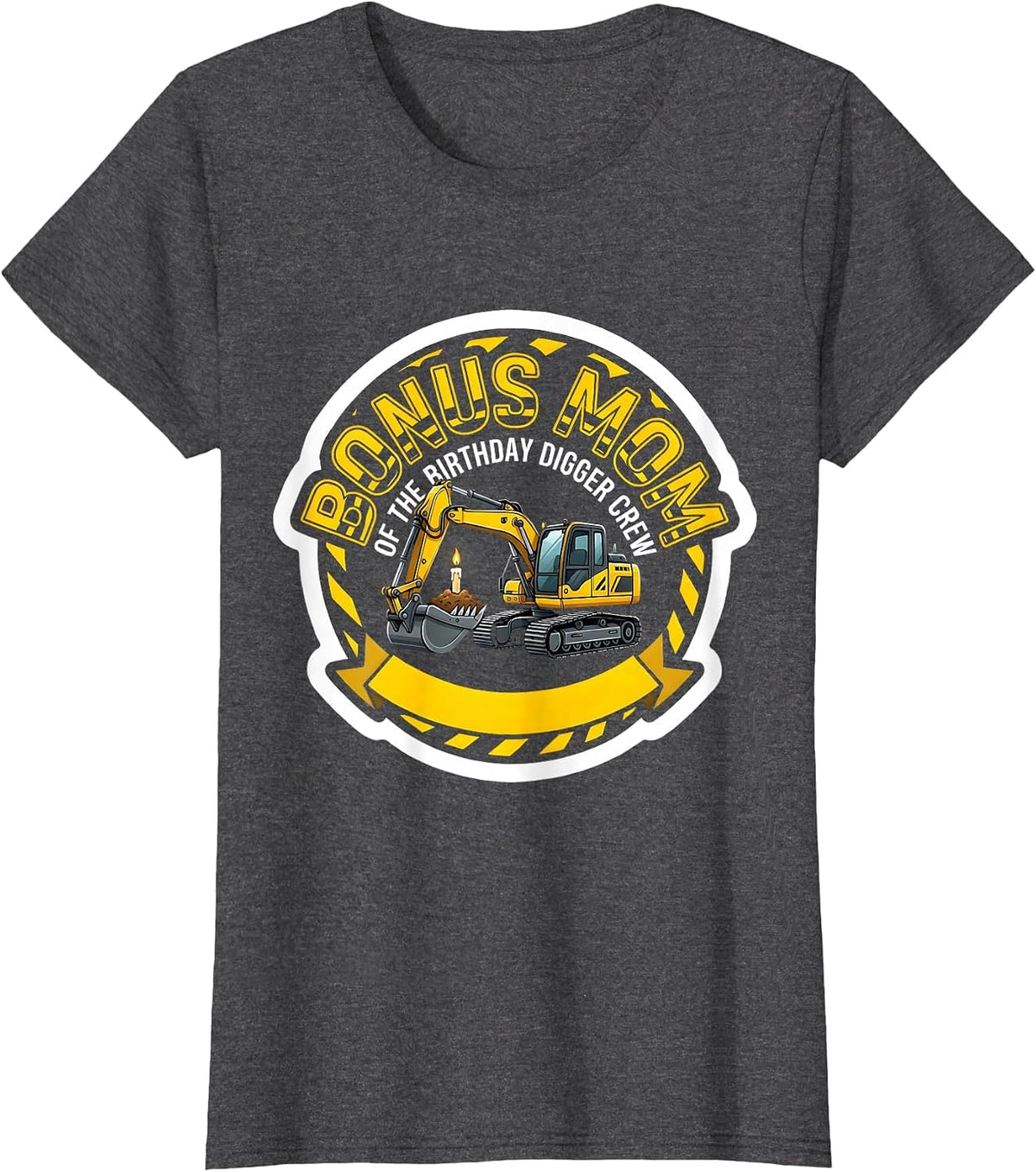 Women's Bonus Mom Of The Birthday Digger Crew Funny Construction T-Shirt - Dark Heather Grey