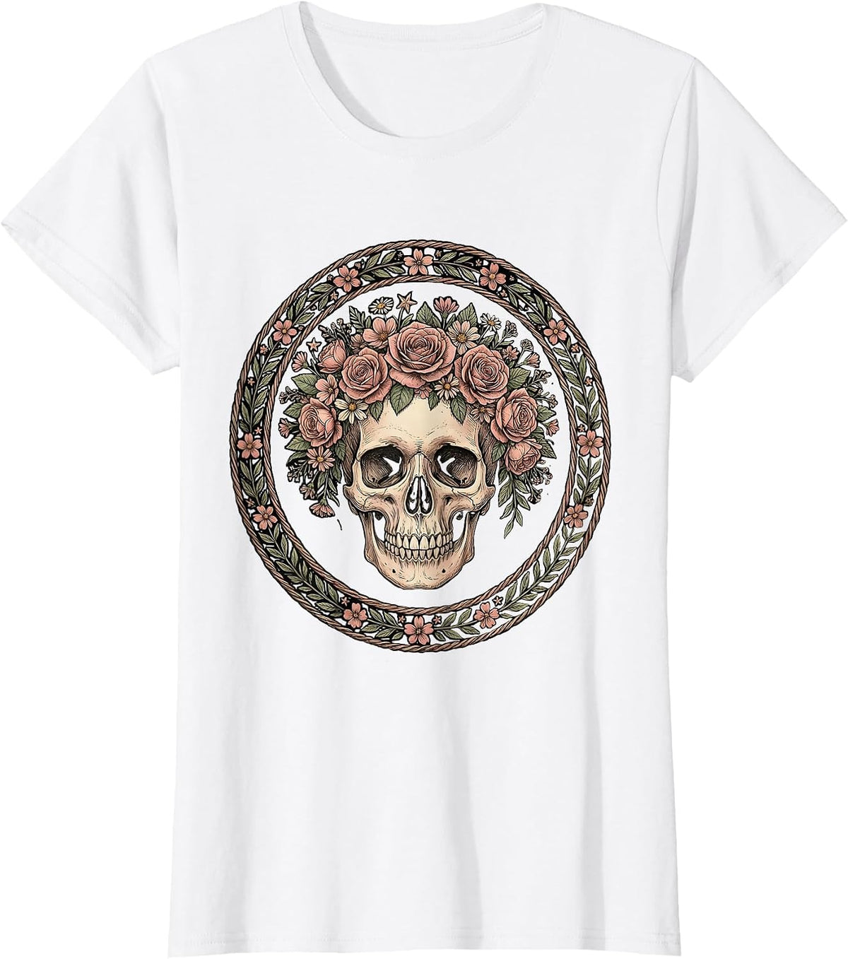 Patriotic Floral Skull Red White and Blue T-Shirt - White