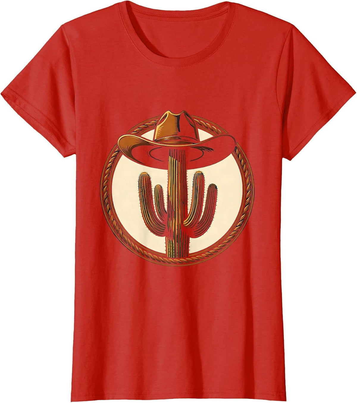 Lone Cactus Wide Brim Hat Shadow Western Design T-Shirt - Red