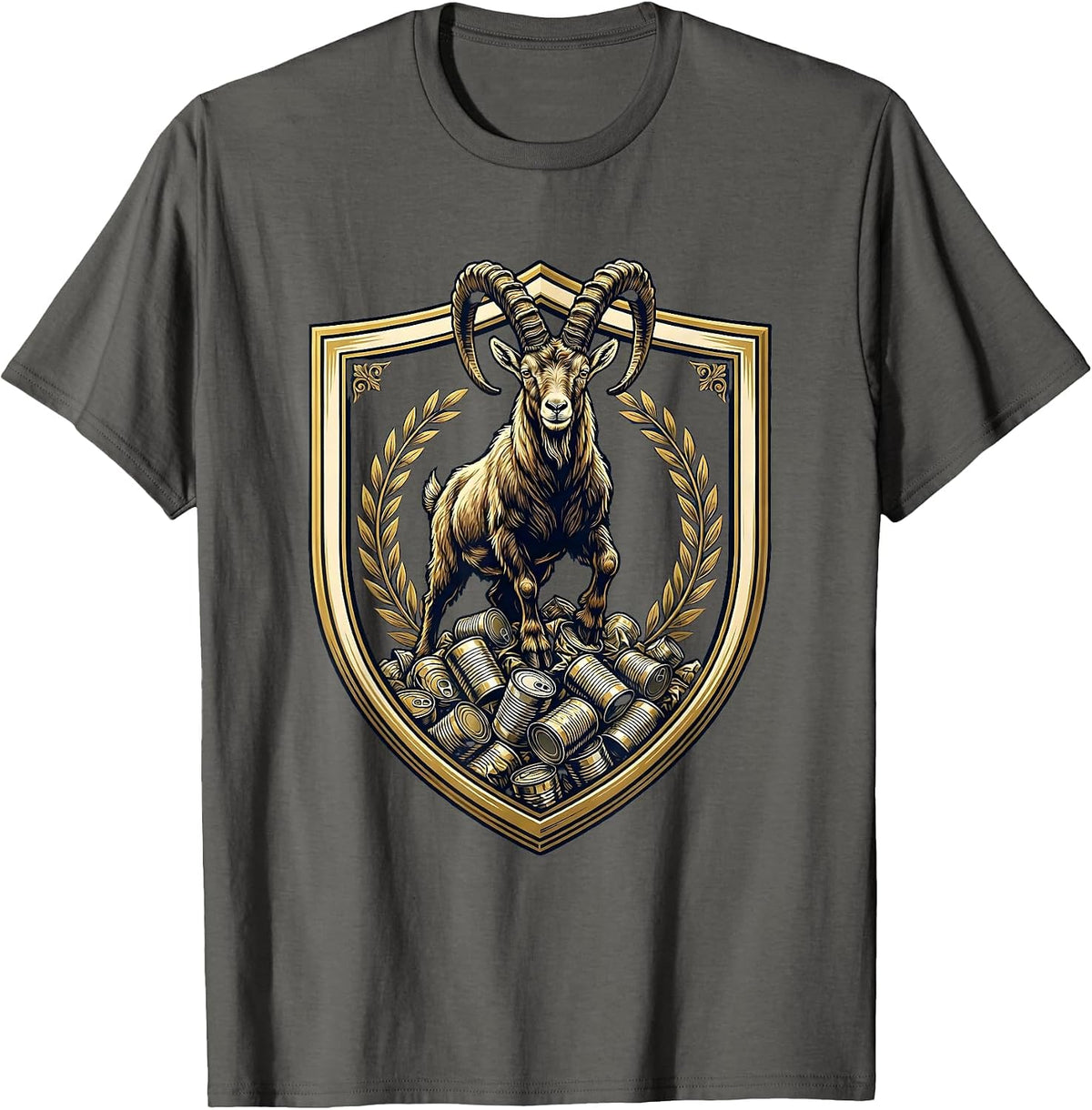 Men's Goat Standing on Crushed Tin Cans Illustration T-Shirt - Asphalt Grey