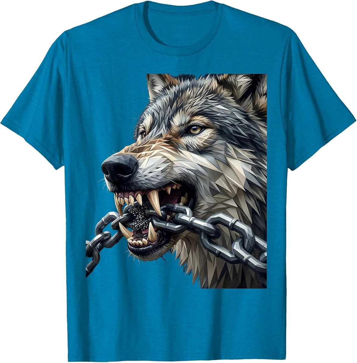 Wolf Teeth Biting Iron Chain Graphic T-Shirt - Sapphire Blue
