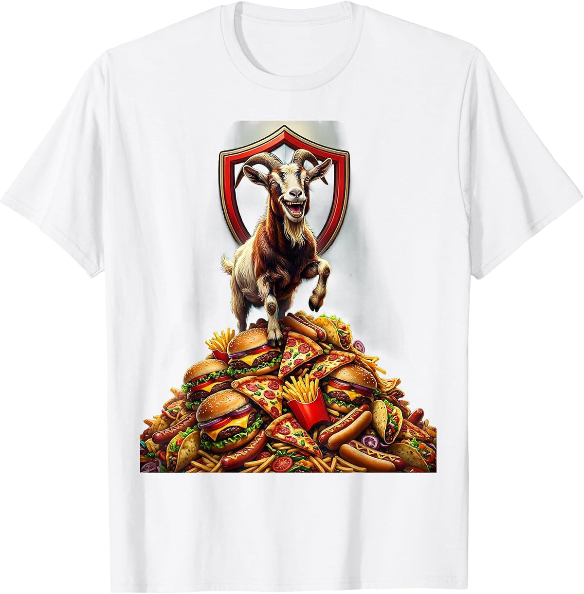 Men's Goat on Fast Food Mountain Funny Humor Graphic T-Shirt - White