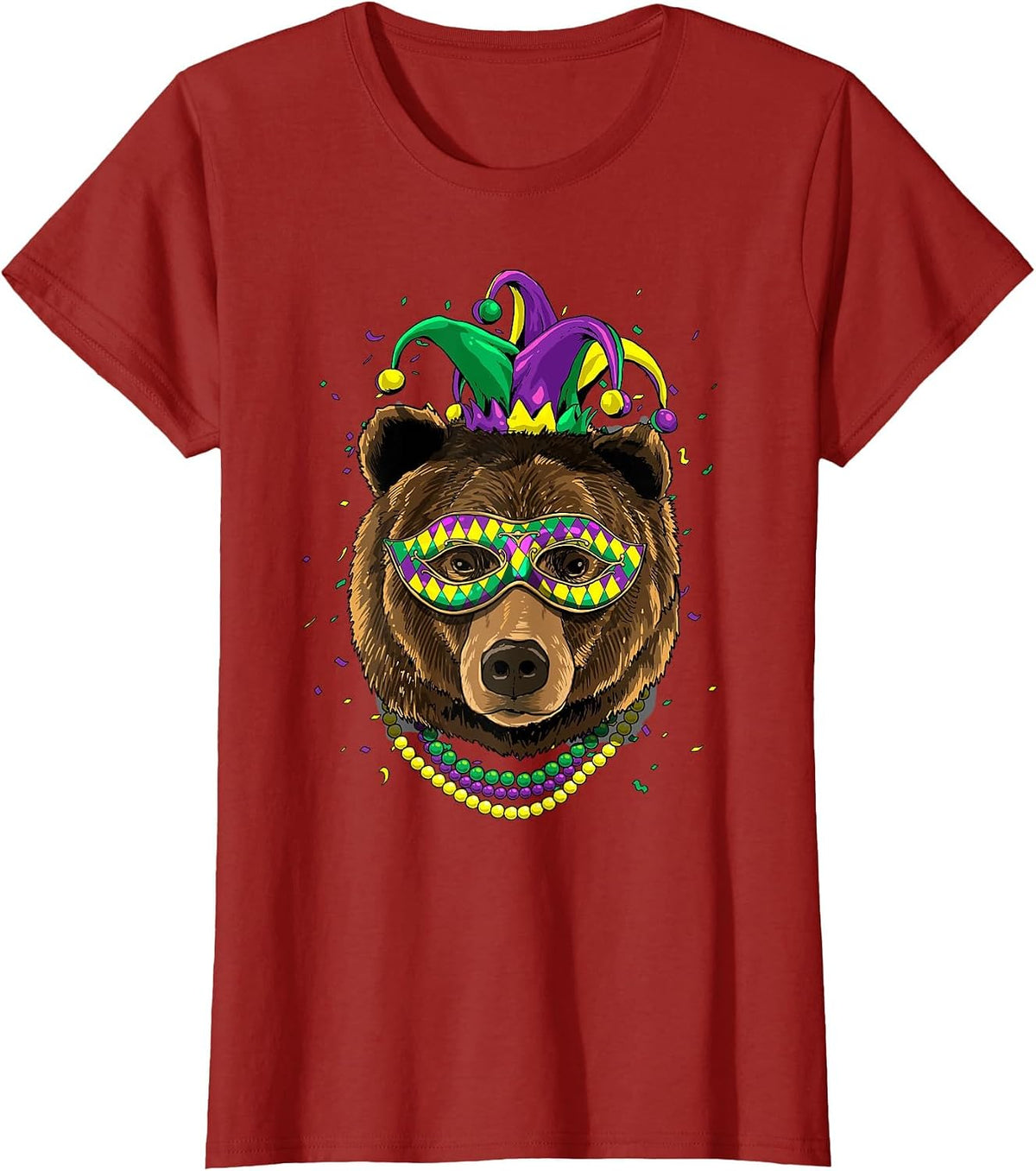 Bear Animal Lover Cute Mardi Gras Carnival Jester T-Shirt, Women, Cranberry Red, Small - As Pictured