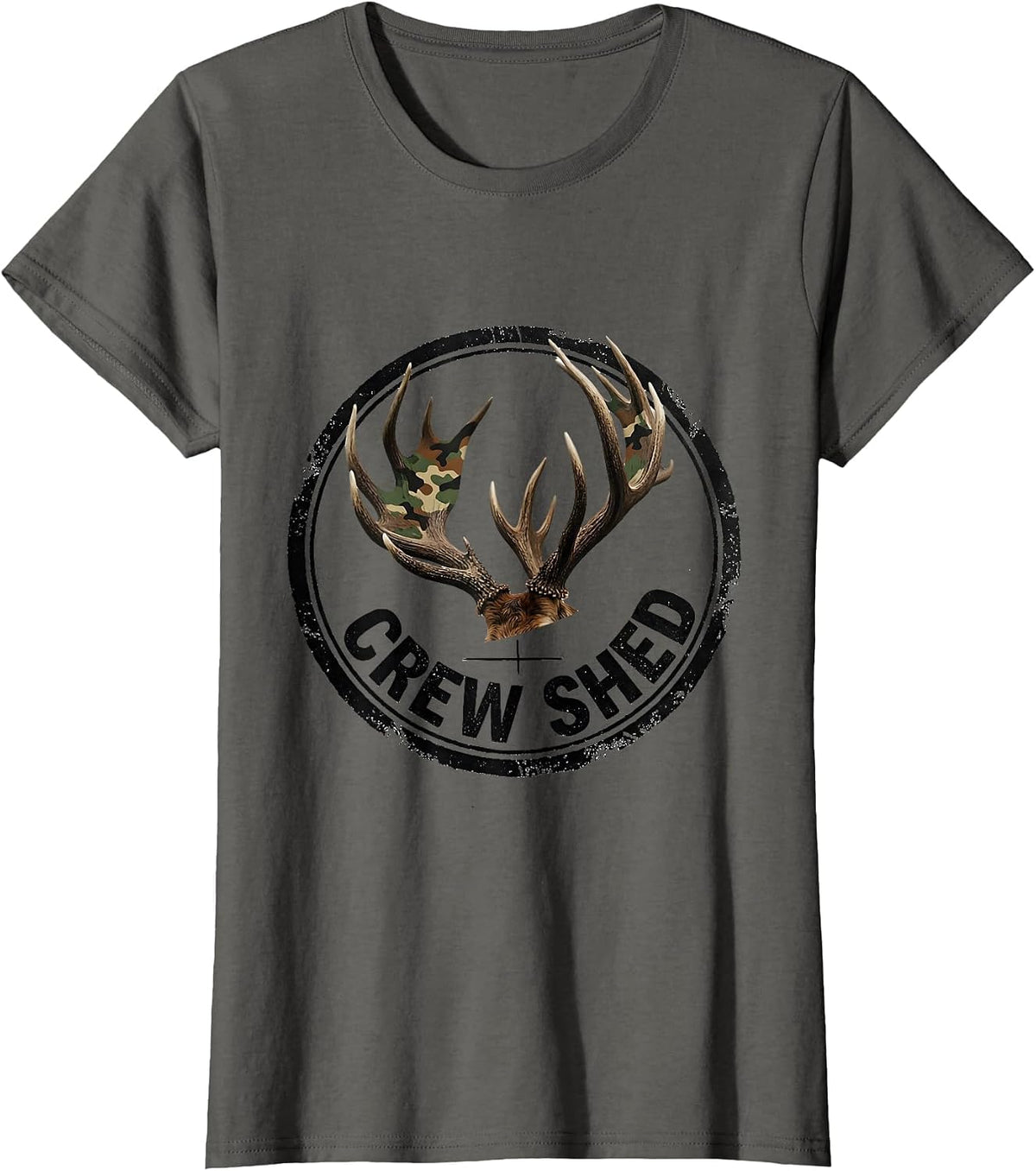 Women's Crew Shed Rubber Stamp Camo Deer Hunting Youth Humor T-Shirt - Asphalt Grey