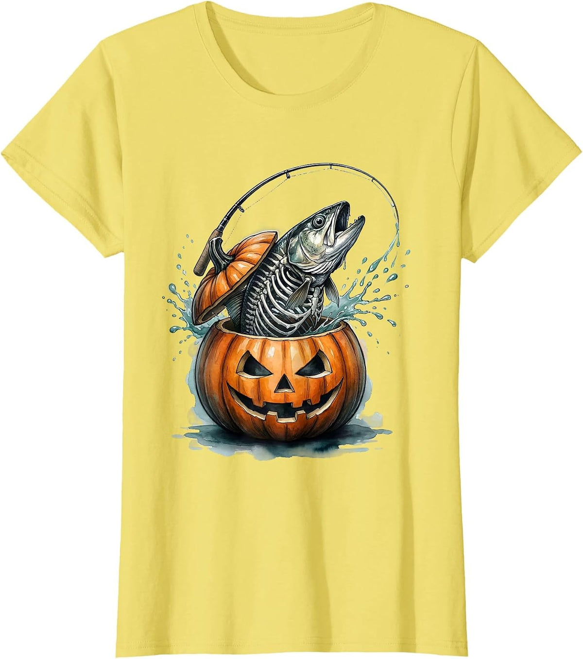 Watercolor Skeletal Trout Pumpkin Fishing Halloween T-Shirt - Lemon Yellow