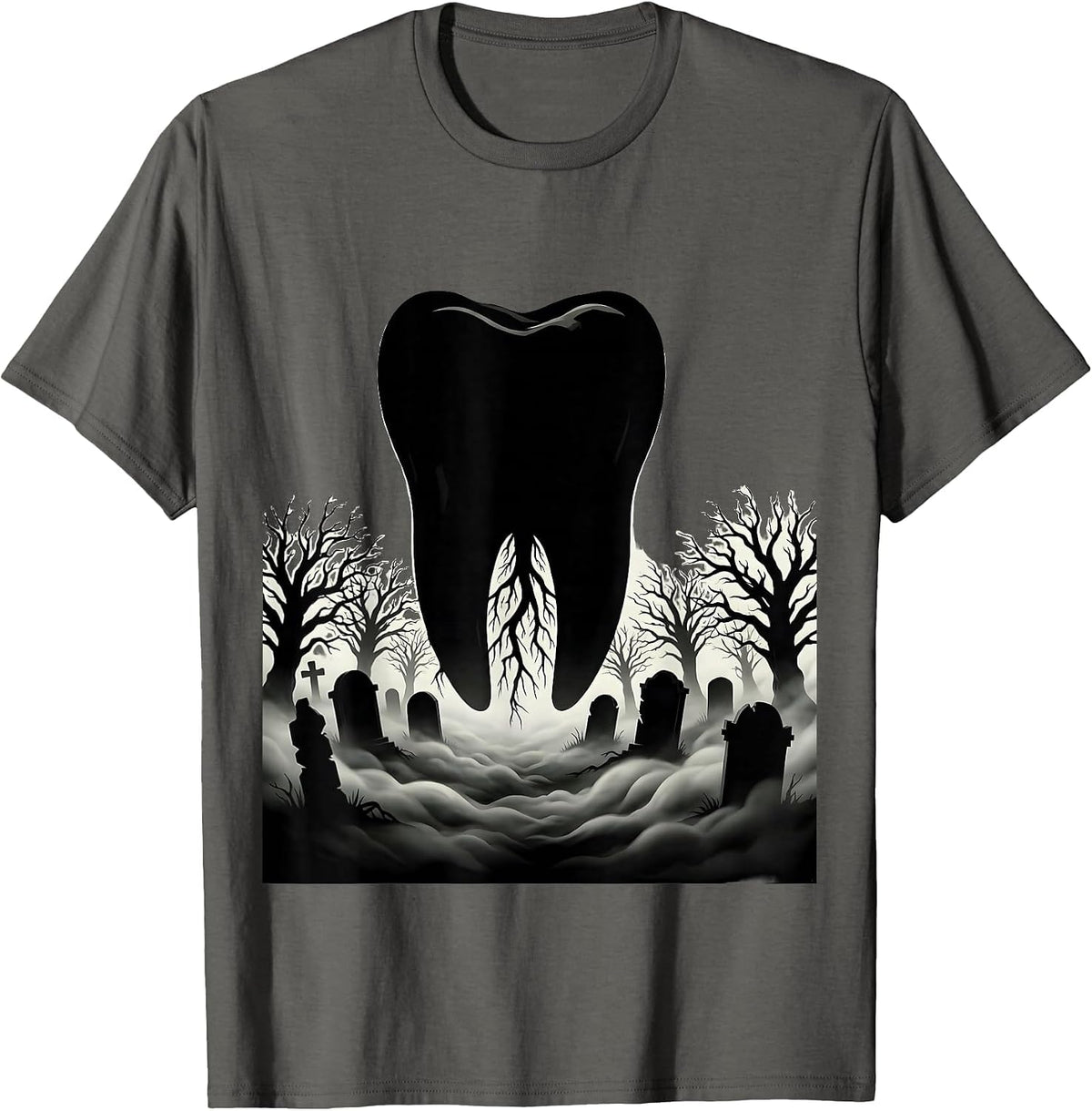 Men's Molar Graveyard Spooky Dental Halloween Design T-Shirt - Asphalt Grey