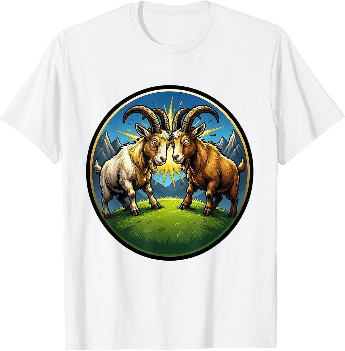 Men's Dueling Goats Locking Horns on a Hilltop T-Shirt - White