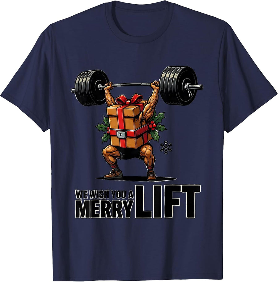 We Wish You A Merry Lift Funny Christmas Gym Workout Fitness T-Shirt - Navy Blue