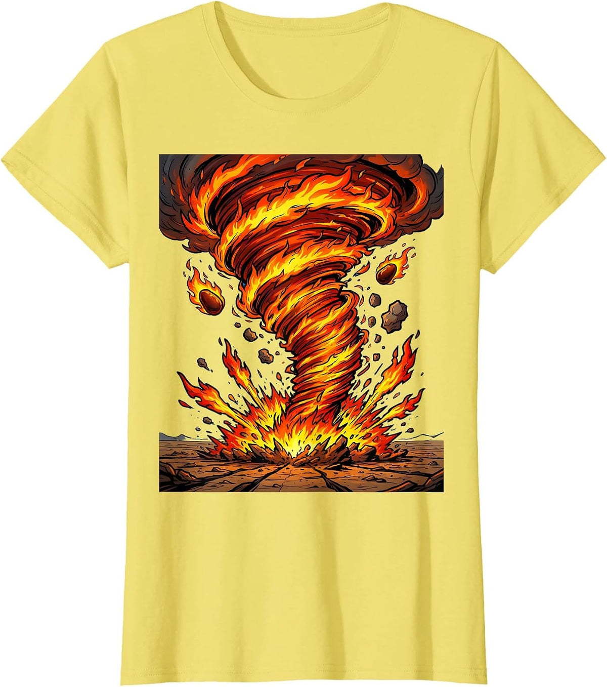 Women's Fire Tornado Swirling Across Open Landscape T-Shirt - Lemon Yellow