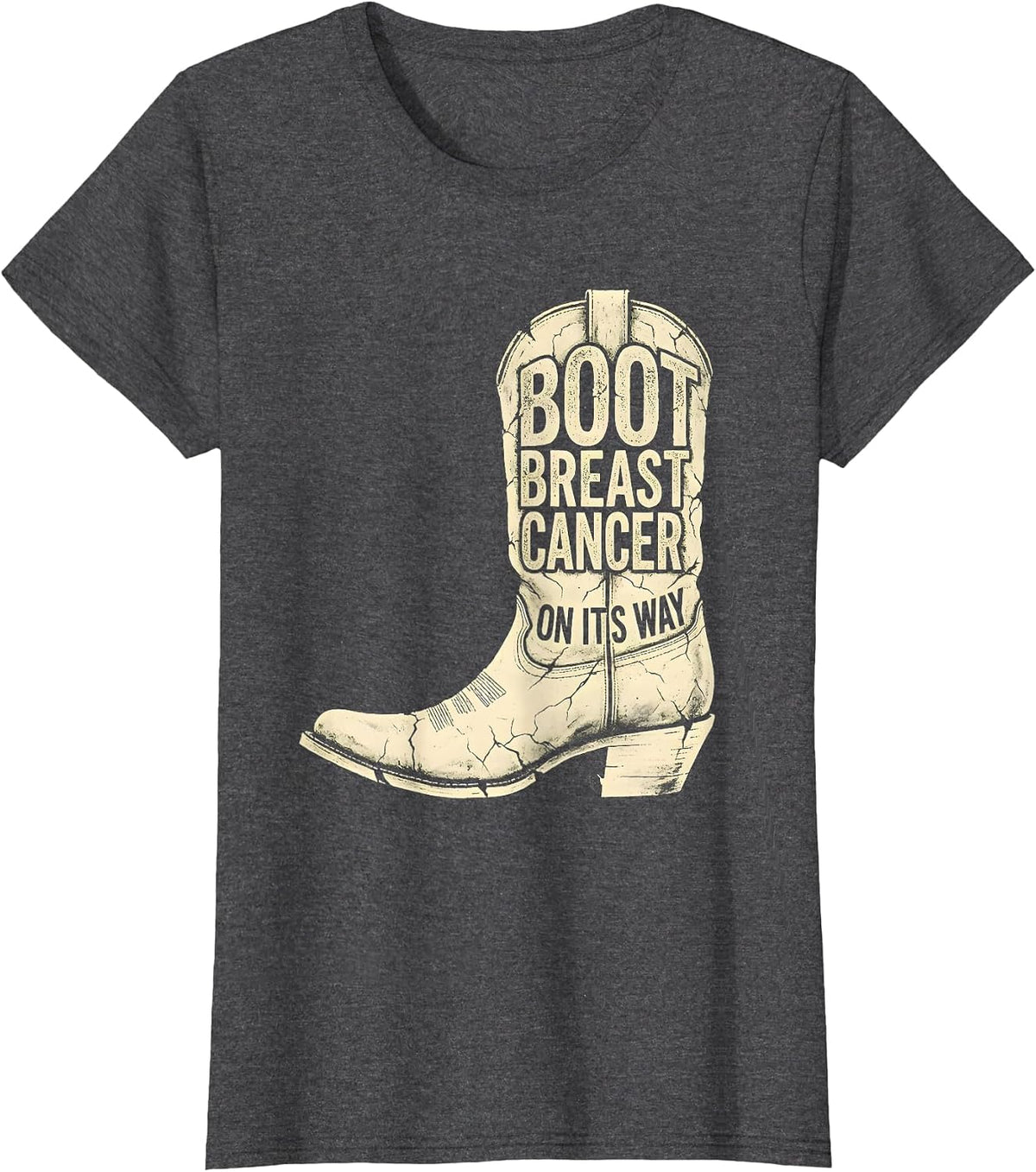 Women's Boot Breast Cancer On Its Way Boho Western Cowgirl Support T-Shirt - Dark Heather Grey
