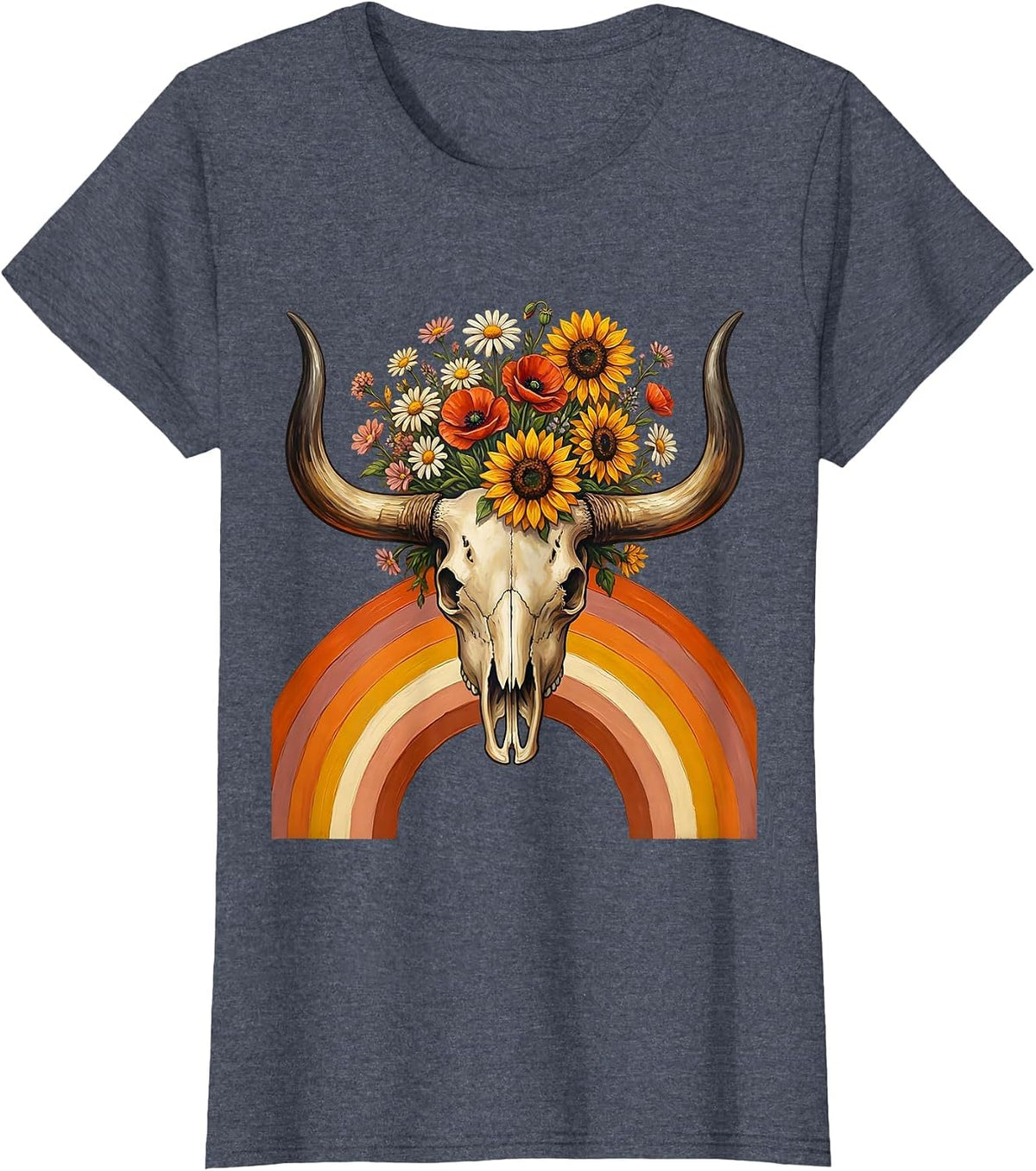 Women's Longhorn Skull Pastel Wildflowers Western Boho T-Shirt - Heather Blue