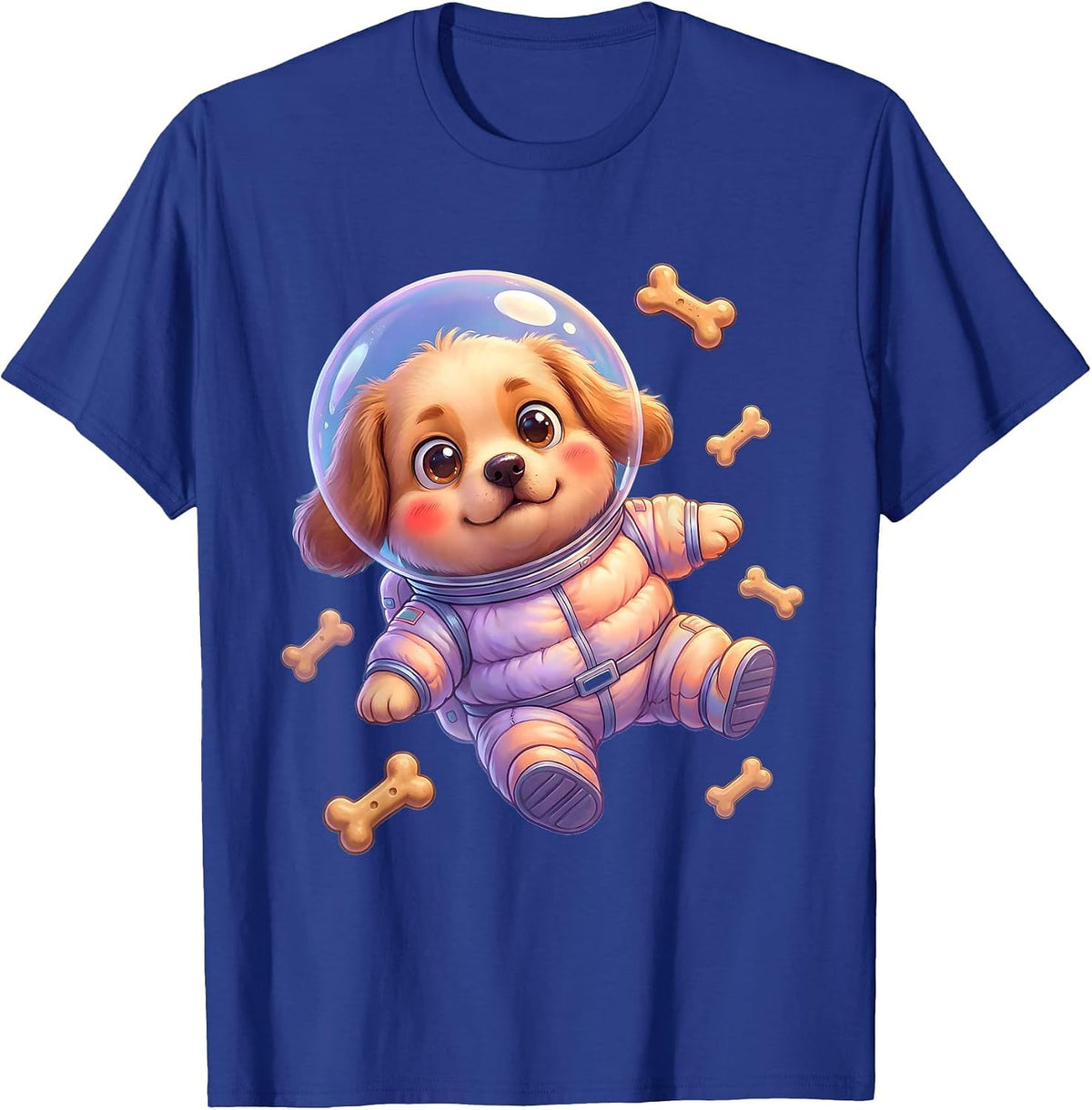 Crazy Dog Astronaut Floating in Space with Bones T-Shirt - Royal Blue
