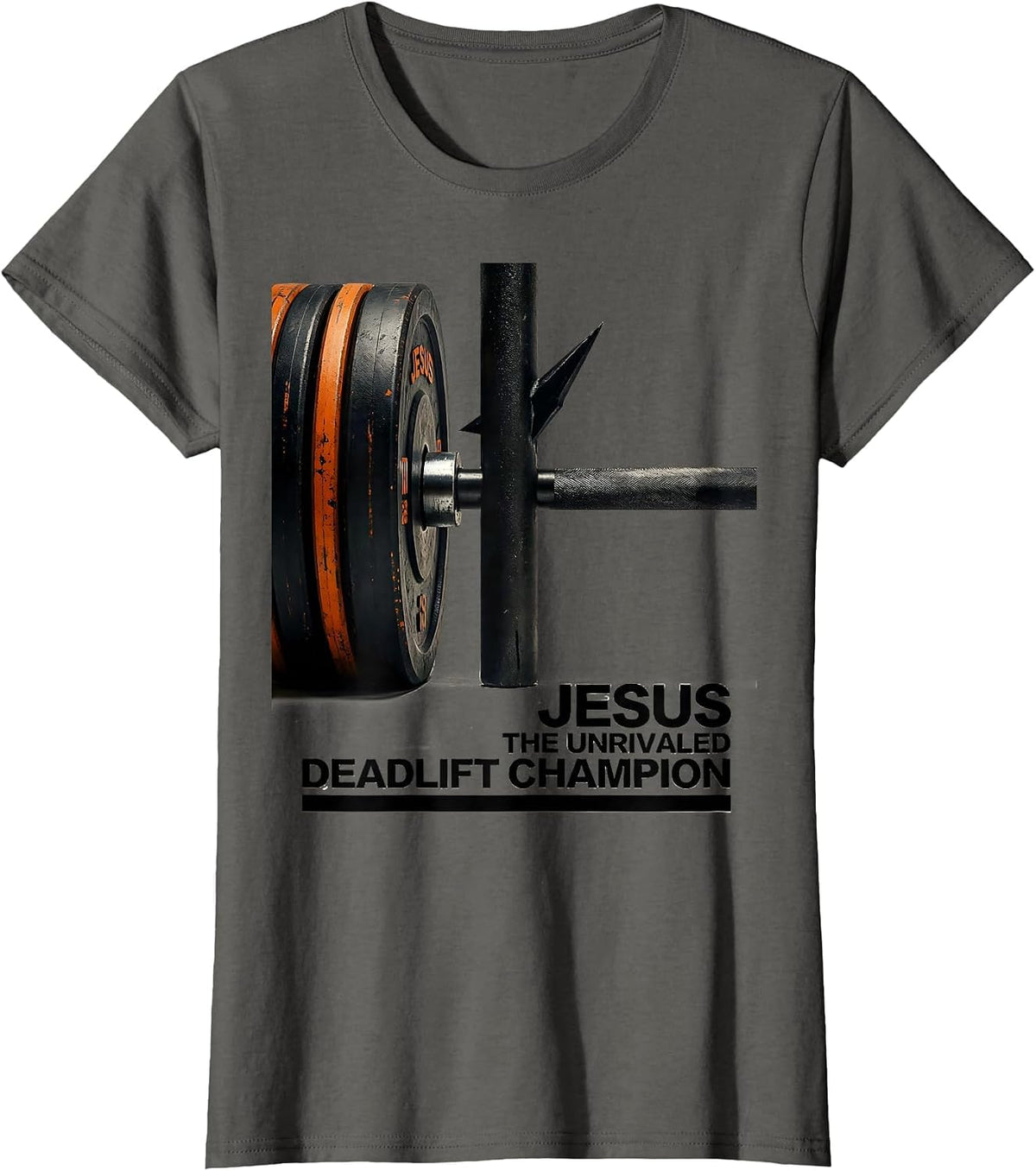 Women's Jesus The Unrivaled Deadlift Champion Brutalist Christian T-Shirt - Asphalt Grey