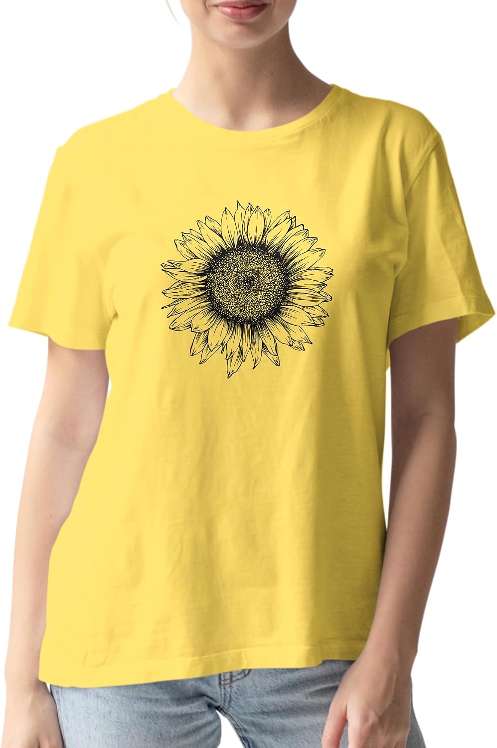 Casual Graphic Tee for Men & Women, Crew Neck - Short Sleeve - Summer Streetwear Merch - Sunflower - Maize Yellow