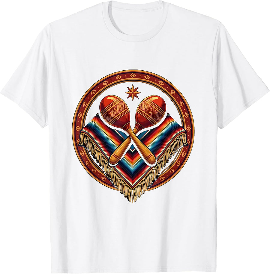 Hispanic Heritage Traditional Maracas Serape Design T-Shirt - White
