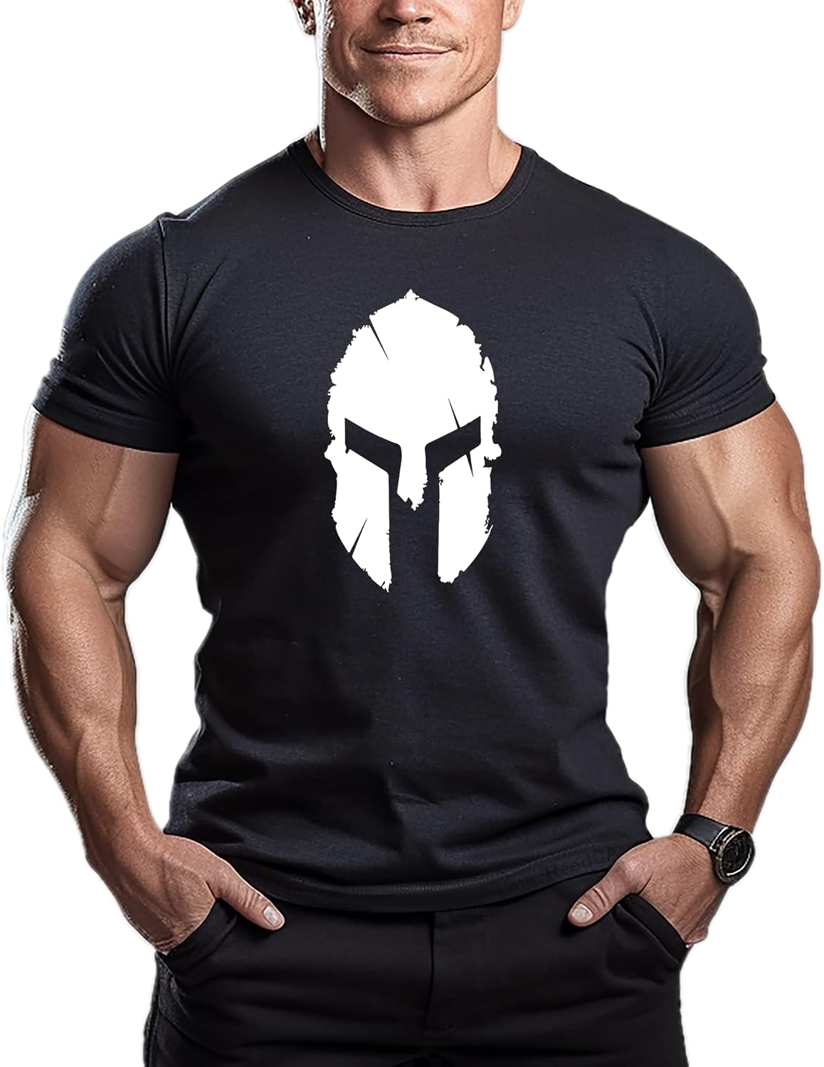 ReedCA Spartan Helmet - Mens Bodybuilding T-Shirt - Gym Training Top Fitness - Black