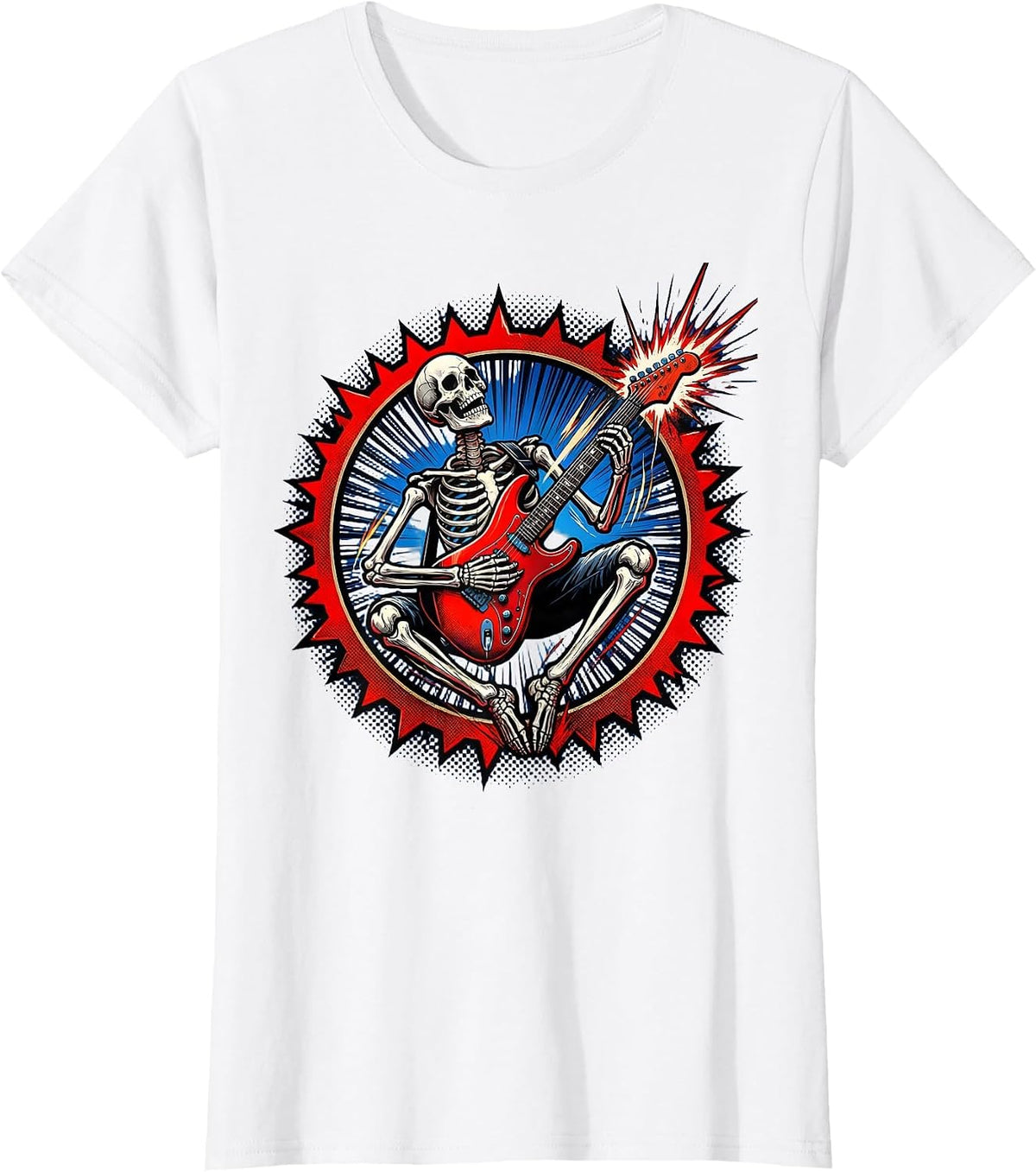 Skeleton Electric Guitar Player Rock Stage Graphic T-Shirt - White