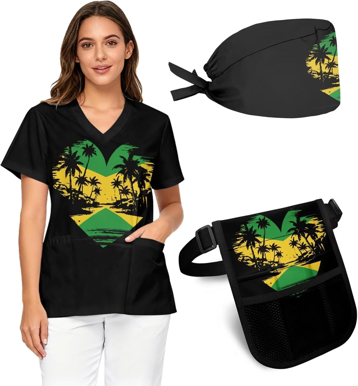 Women's Medical Workwear Three-Piece Set V-neck top waist pouch and pocketed work cap - Black Heart Jamaican Palm Tree