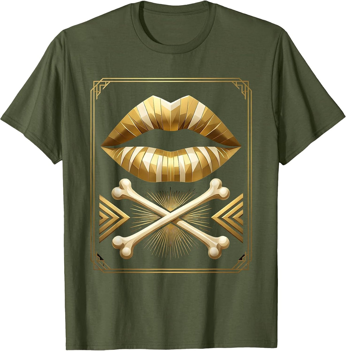XO Lips and Bones Graphic Design T-Shirt - Olive Green