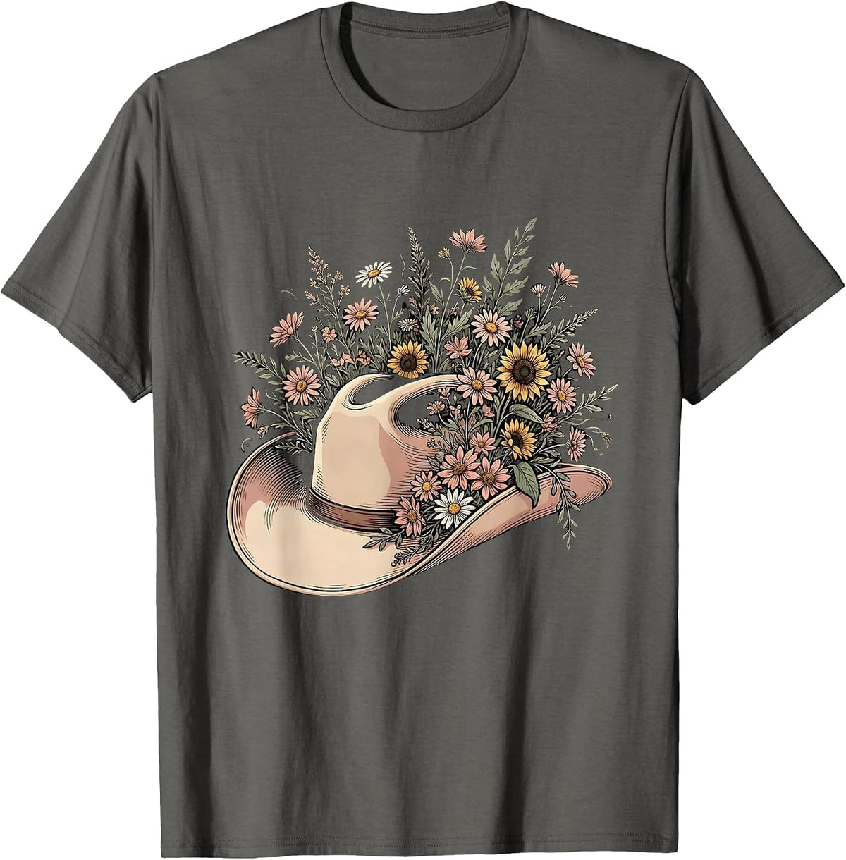 Men's Cowgirl Hat Wildflowers Western Floral Illustration T-Shirt - Asphalt Grey