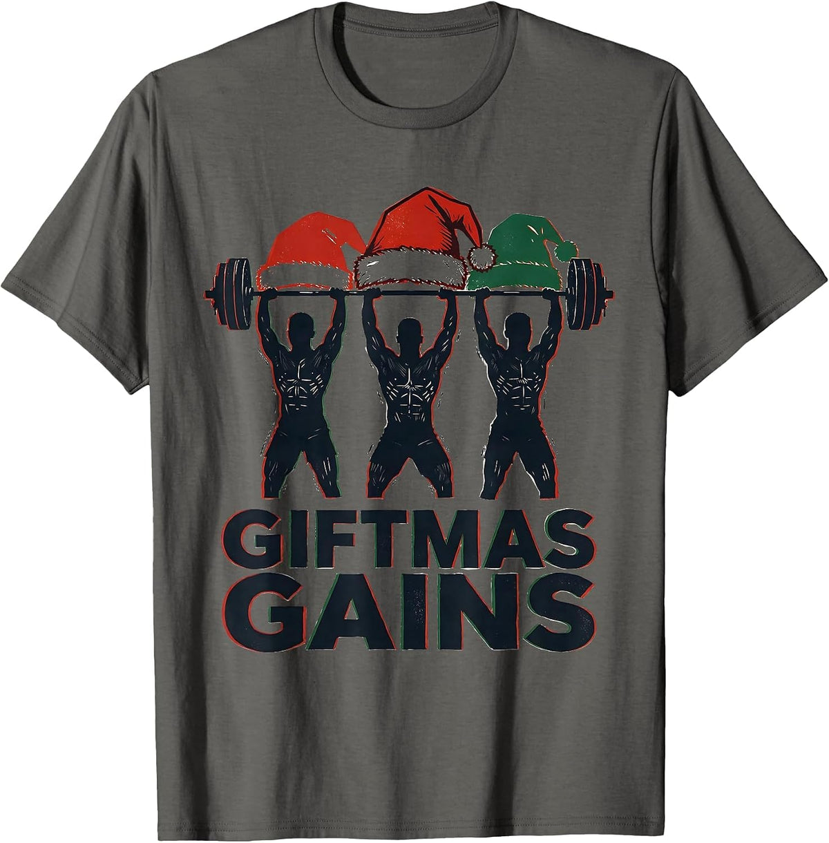 Men's Giftmas Gains Linocut Funny Christmas Gym Weightlifting T-Shirt - Asphalt Grey