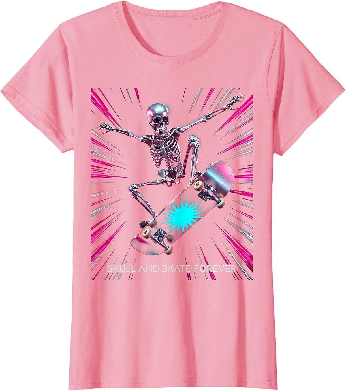 Women's Skull and Skate Forever Skeleton Skateboarding Design T-Shirt - Pink