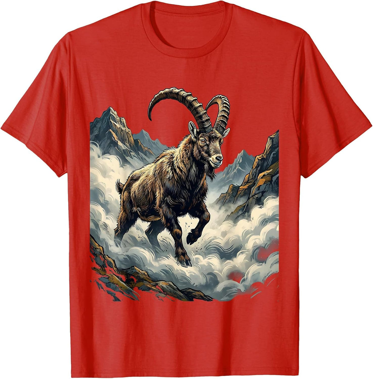 Goat Emerging From Mountain Fog Illustration T-Shirt - Red