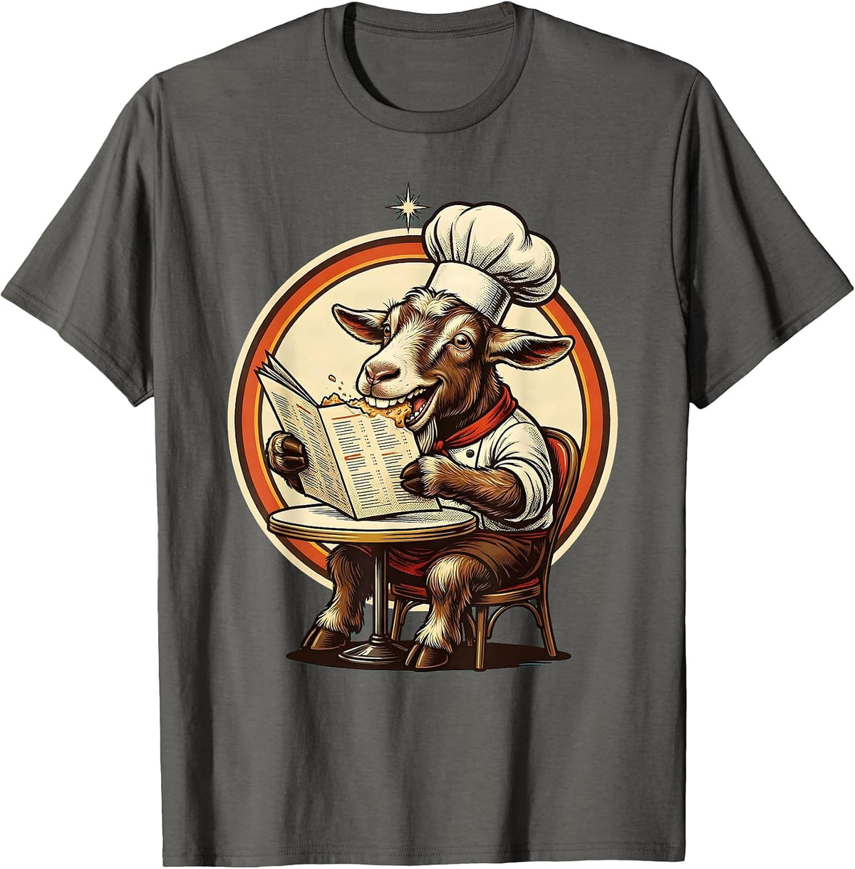 Funny Goat Chef Eating Its Own Menu Graphic T-Shirt - Asphalt Grey