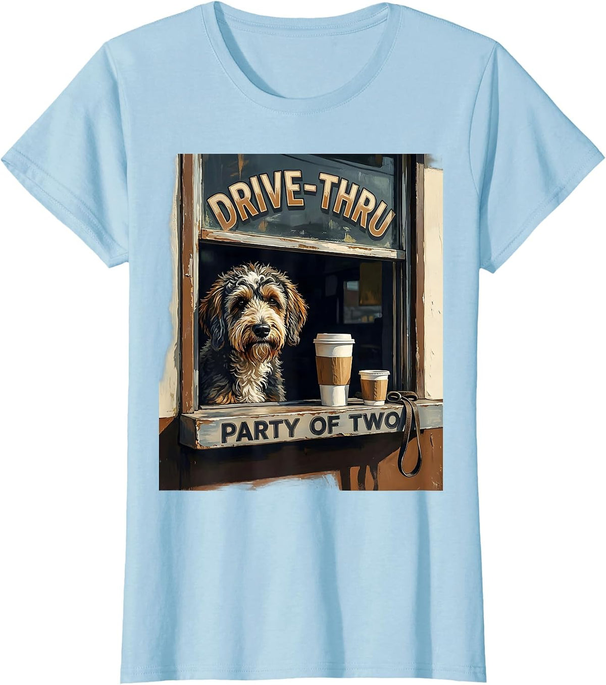 Women's Drive-Thru Party Of Two Funny Bernedoodle Coffee Lover Gift T-Shirt - Baby Blue