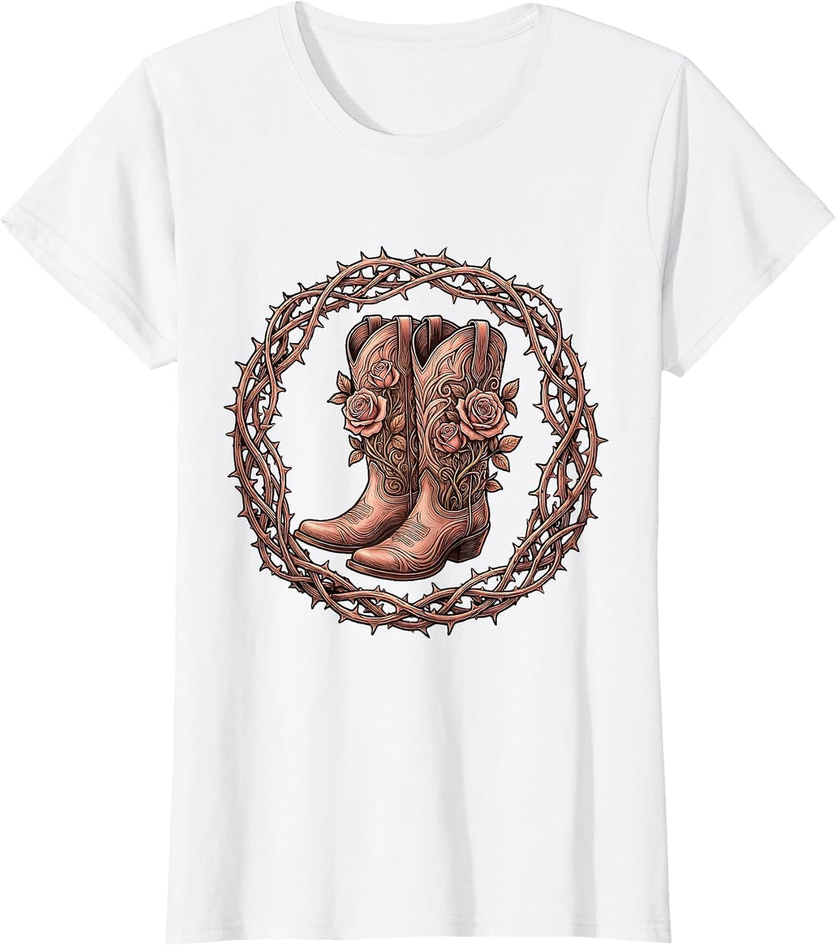 Cowboy Boots Rose Vine Western Graphic T-Shirt - White