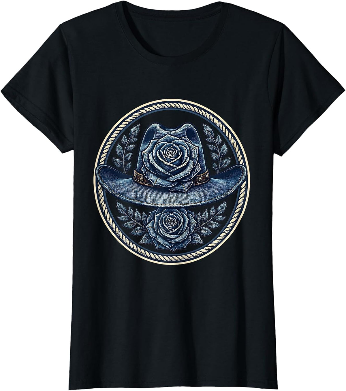 Denim Cowgirl Hat With Roses Graphic T-Shirt - Black
