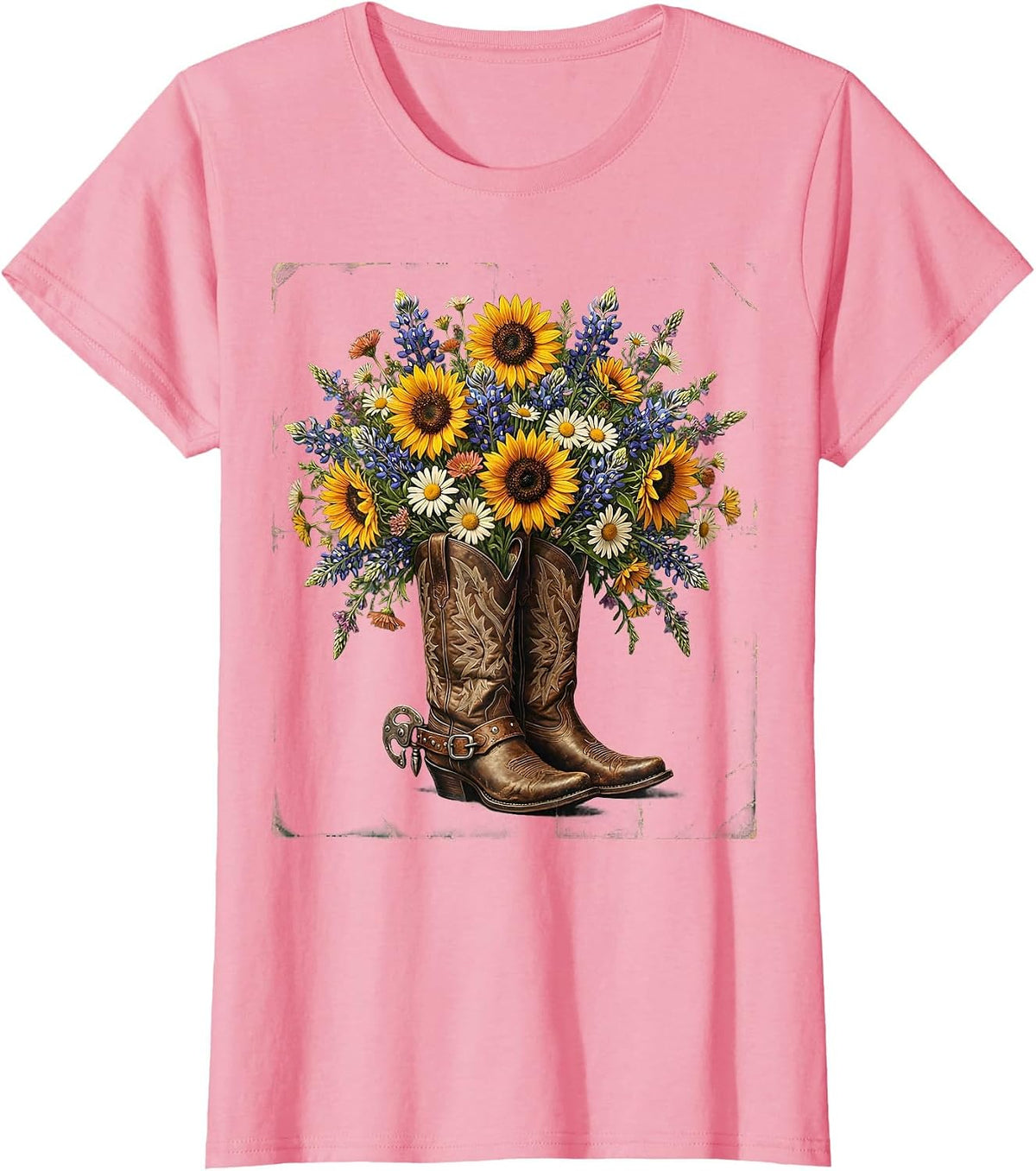 Women's Cowgirl Boots Wildflowers Western Illustration T-Shirt - Pink