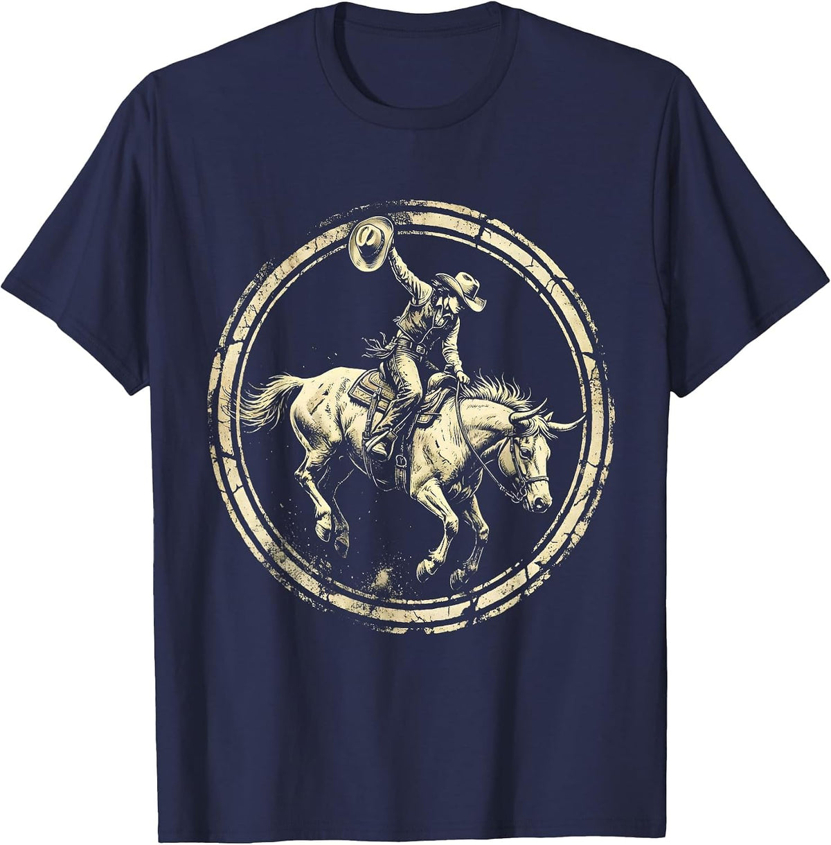 Cowgirl Bucking Bronco Rodeo Graphic Design T-Shirt - Navy Blue