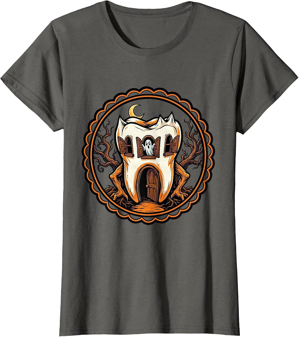 Women's Haunted Molar House Dental Halloween Design T-Shirt - Asphalt Grey