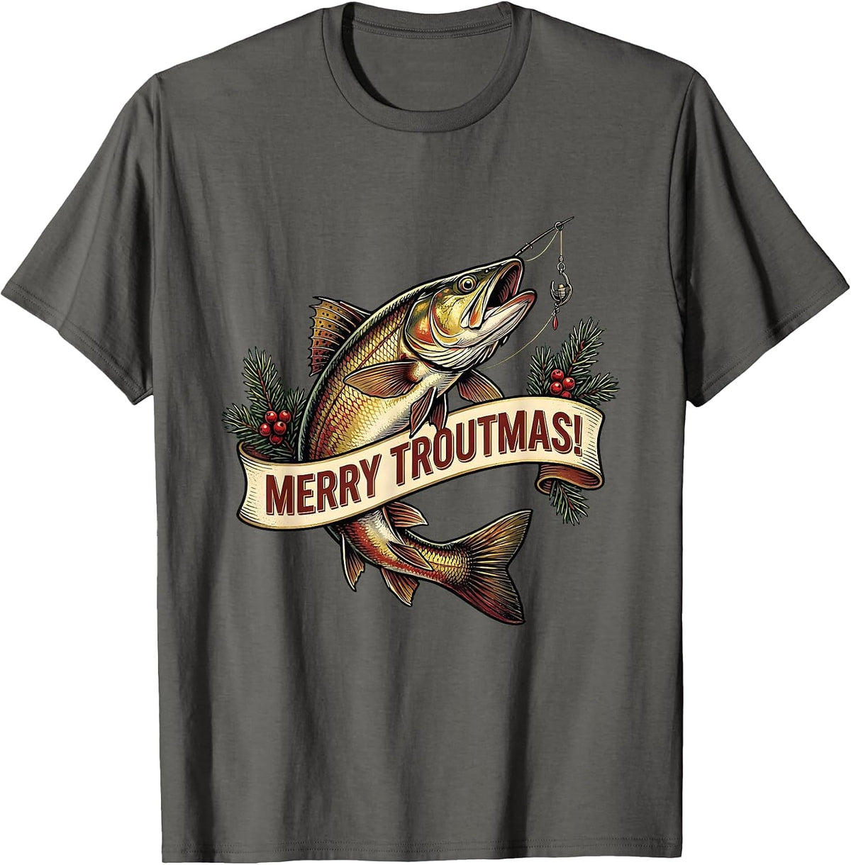 Men's Merry Troutmas! Funny Fishing Christmas Fisherman Holiday T-Shirt - Asphalt Grey